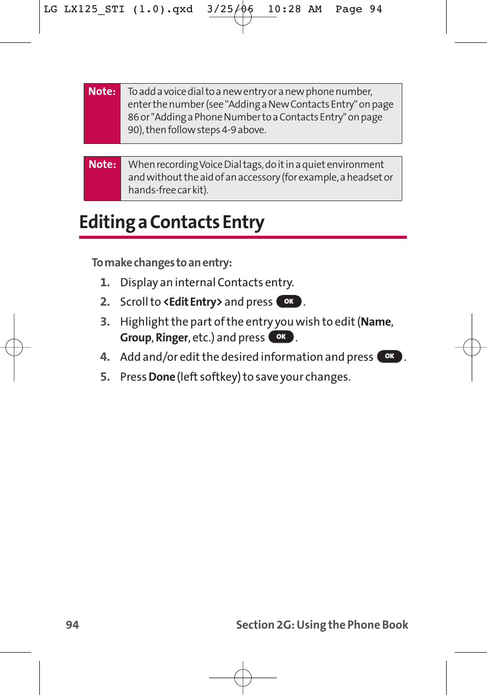 Editing a contacts entry | LG LX125 User Manual | Page 102 / 185