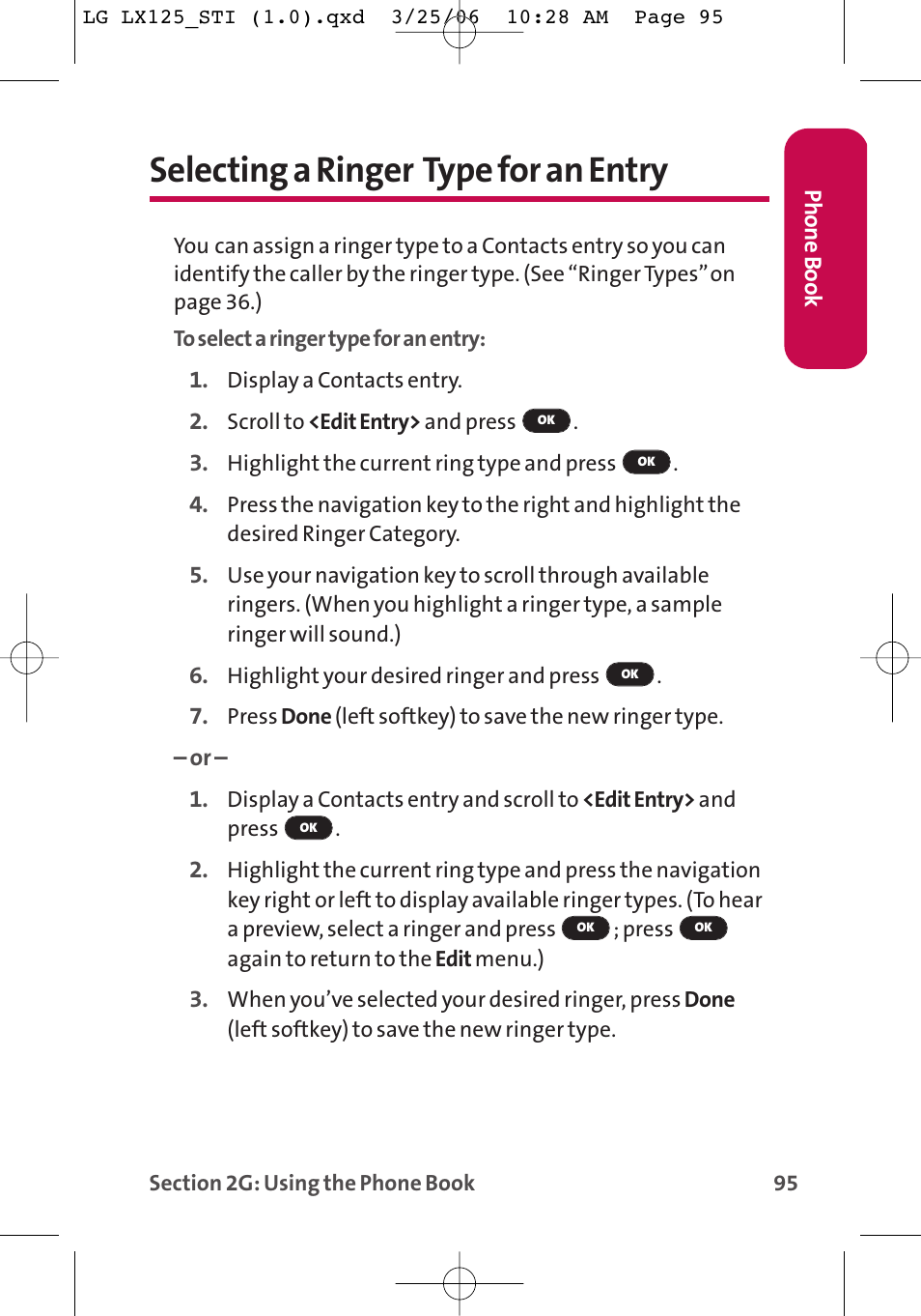 Selecting a ringer type for an entry | LG LX125 User Manual | Page 103 / 185