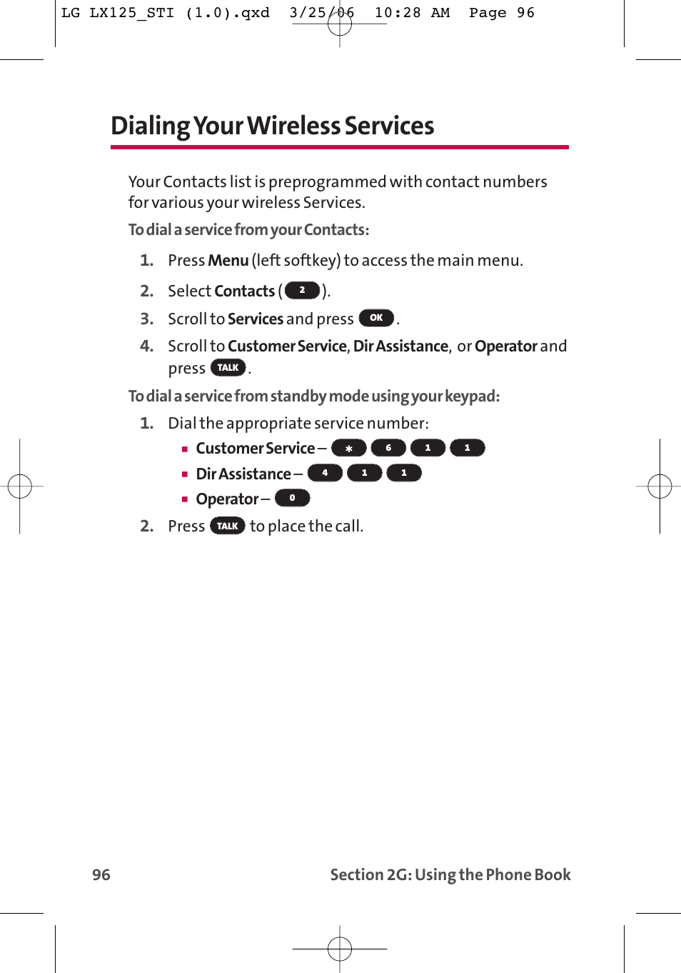Dialing your wireless services | LG LX125 User Manual | Page 104 / 185