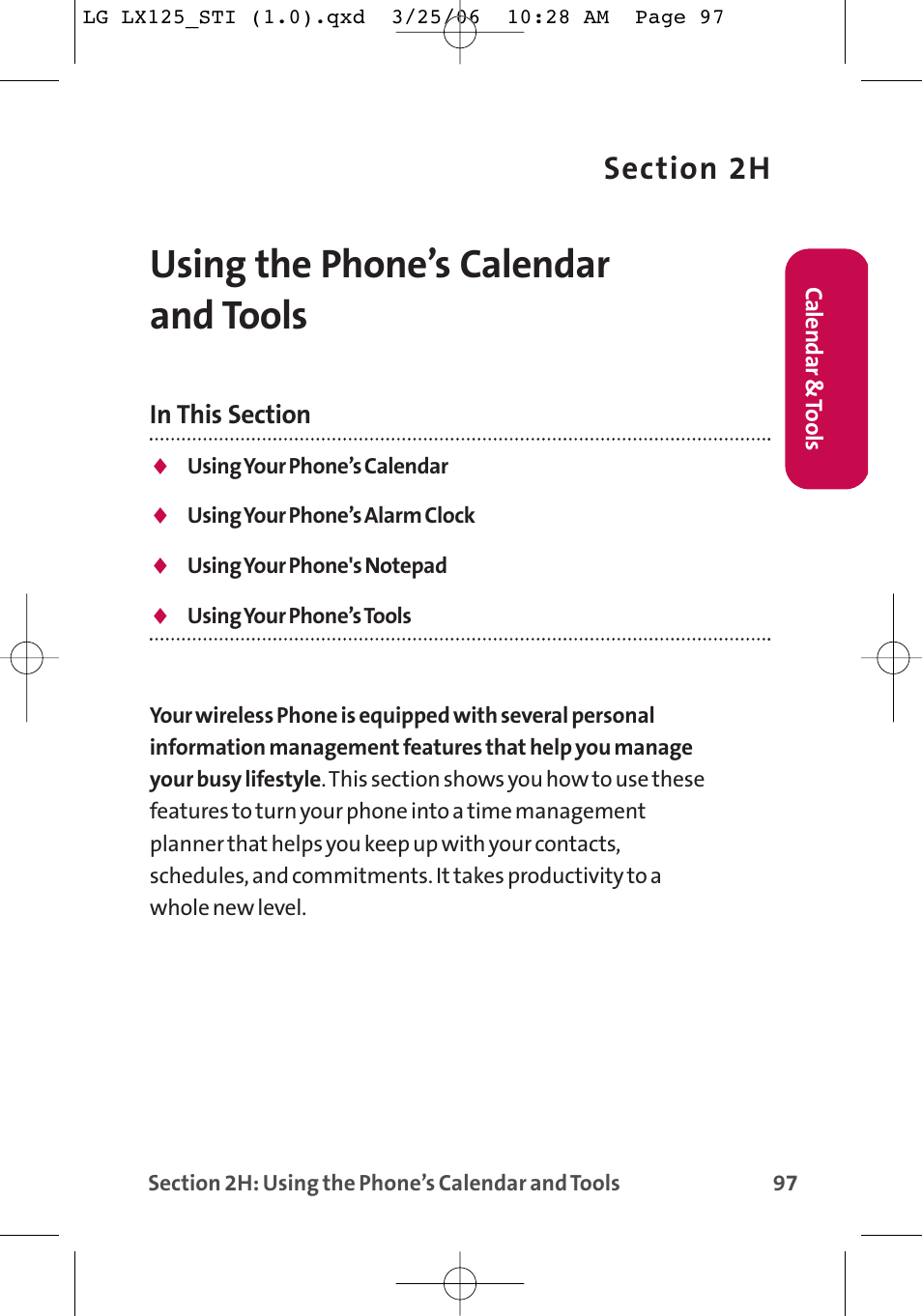 Using the phone’s calendar and tools | LG LX125 User Manual | Page 105 / 185
