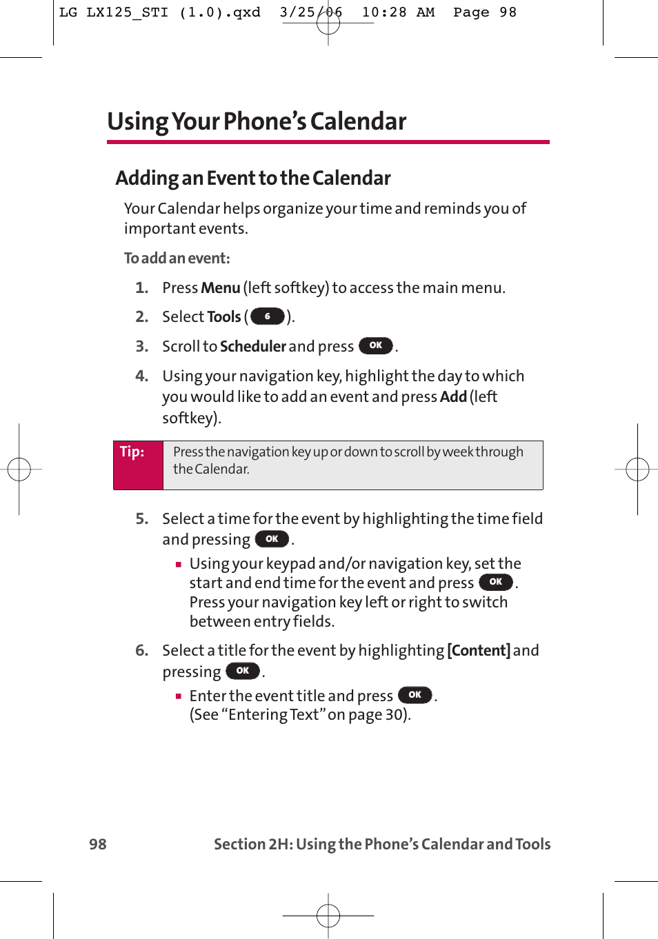 Using your phone’s calendar, Adding an event to the calendar | LG LX125 User Manual | Page 106 / 185