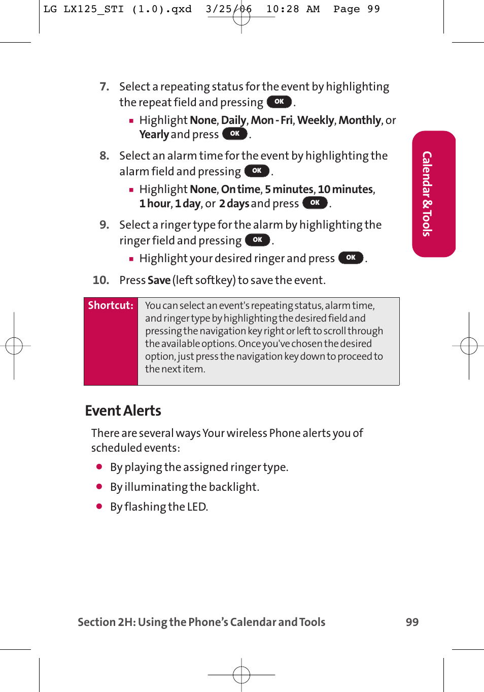 Event alerts, Calendar & tools | LG LX125 User Manual | Page 107 / 185