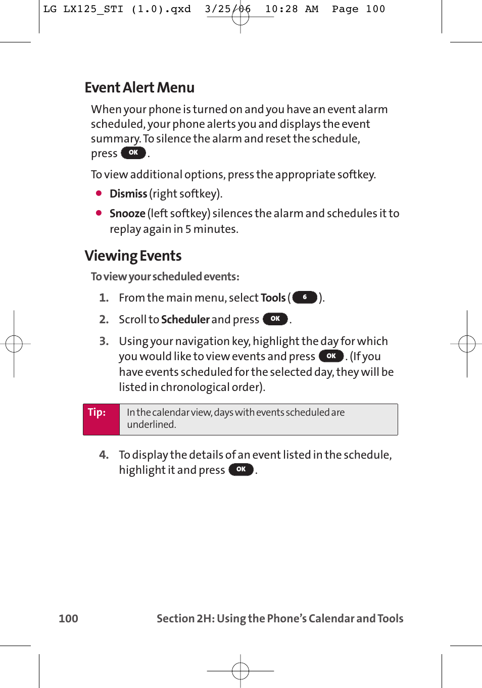 Event alert menu, Viewing events | LG LX125 User Manual | Page 108 / 185