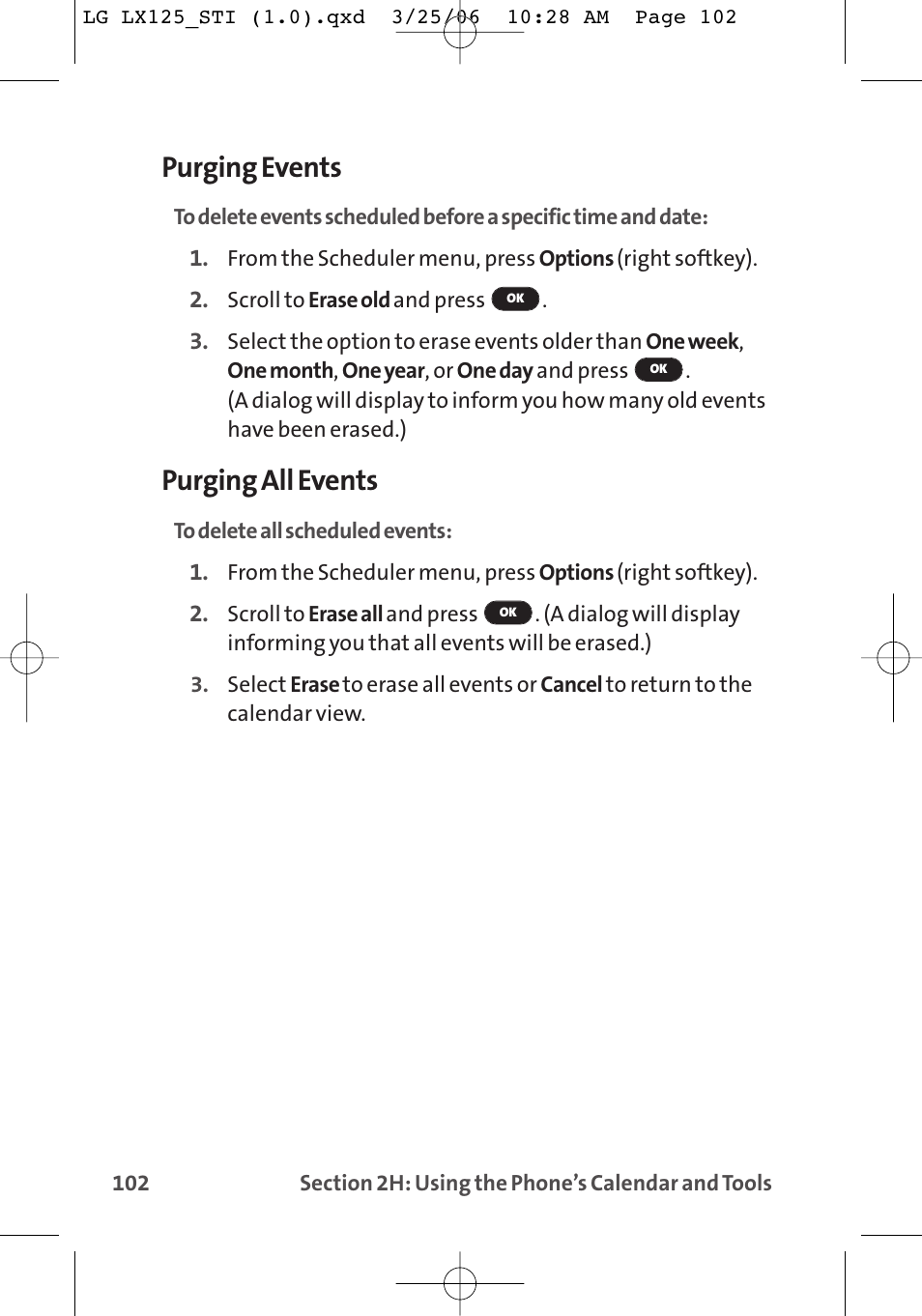 Purging events, Purging all events | LG LX125 User Manual | Page 110 / 185