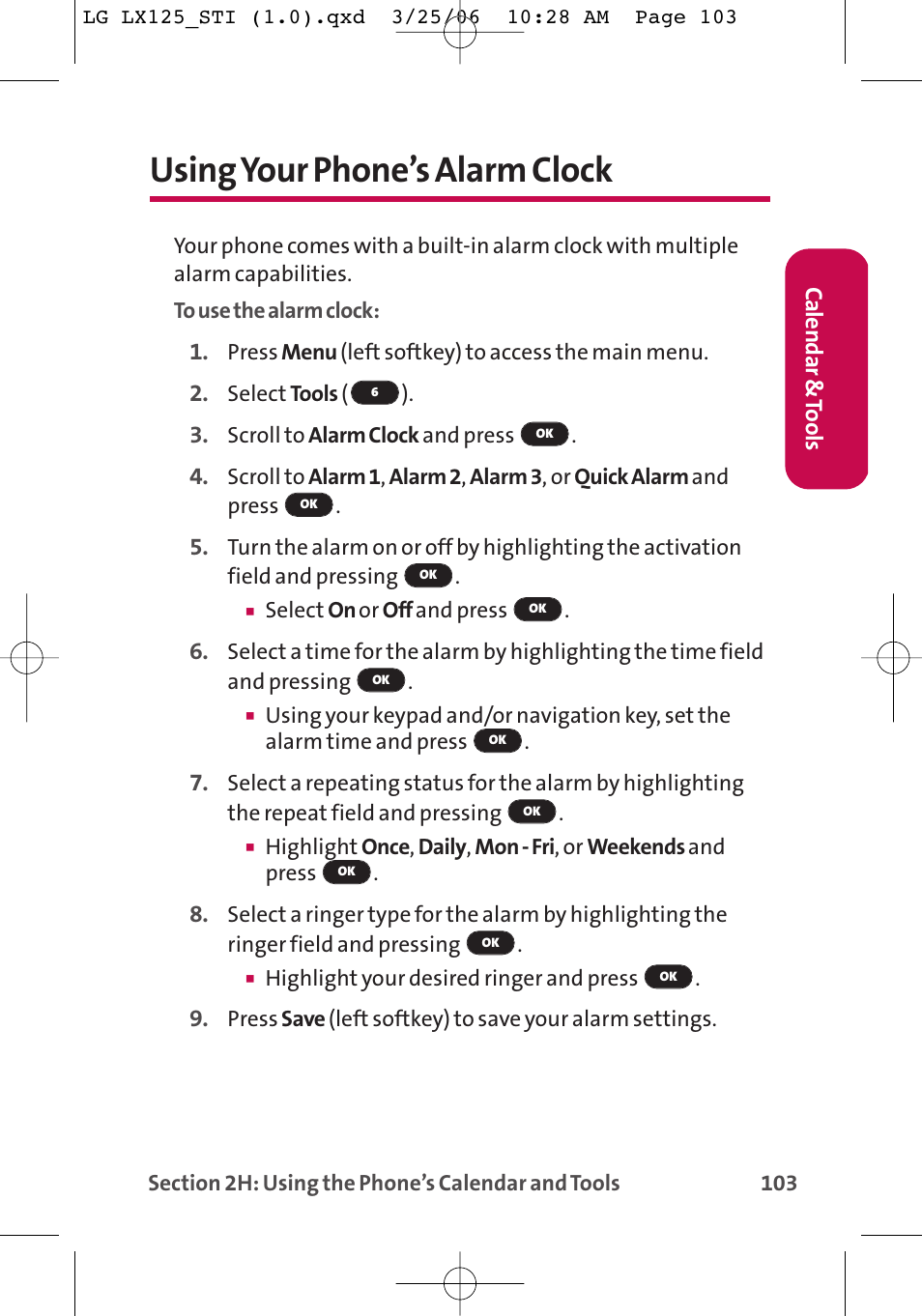 Using your phone’s alarm clock | LG LX125 User Manual | Page 111 / 185