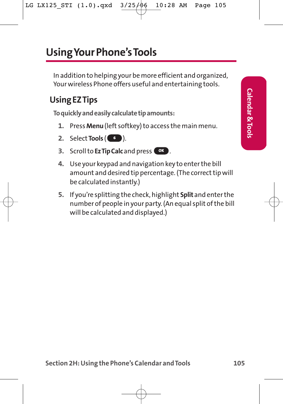 Using your phone’s tools, Using ez tips | LG LX125 User Manual | Page 113 / 185