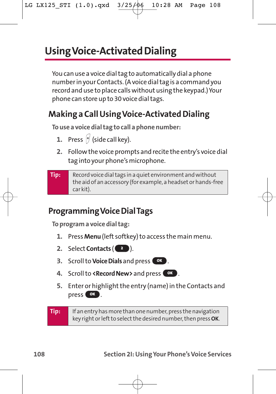 Using voice-activated dialing, Making a call using voice-activated dialing, Programming voice dial tags | LG LX125 User Manual | Page 116 / 185