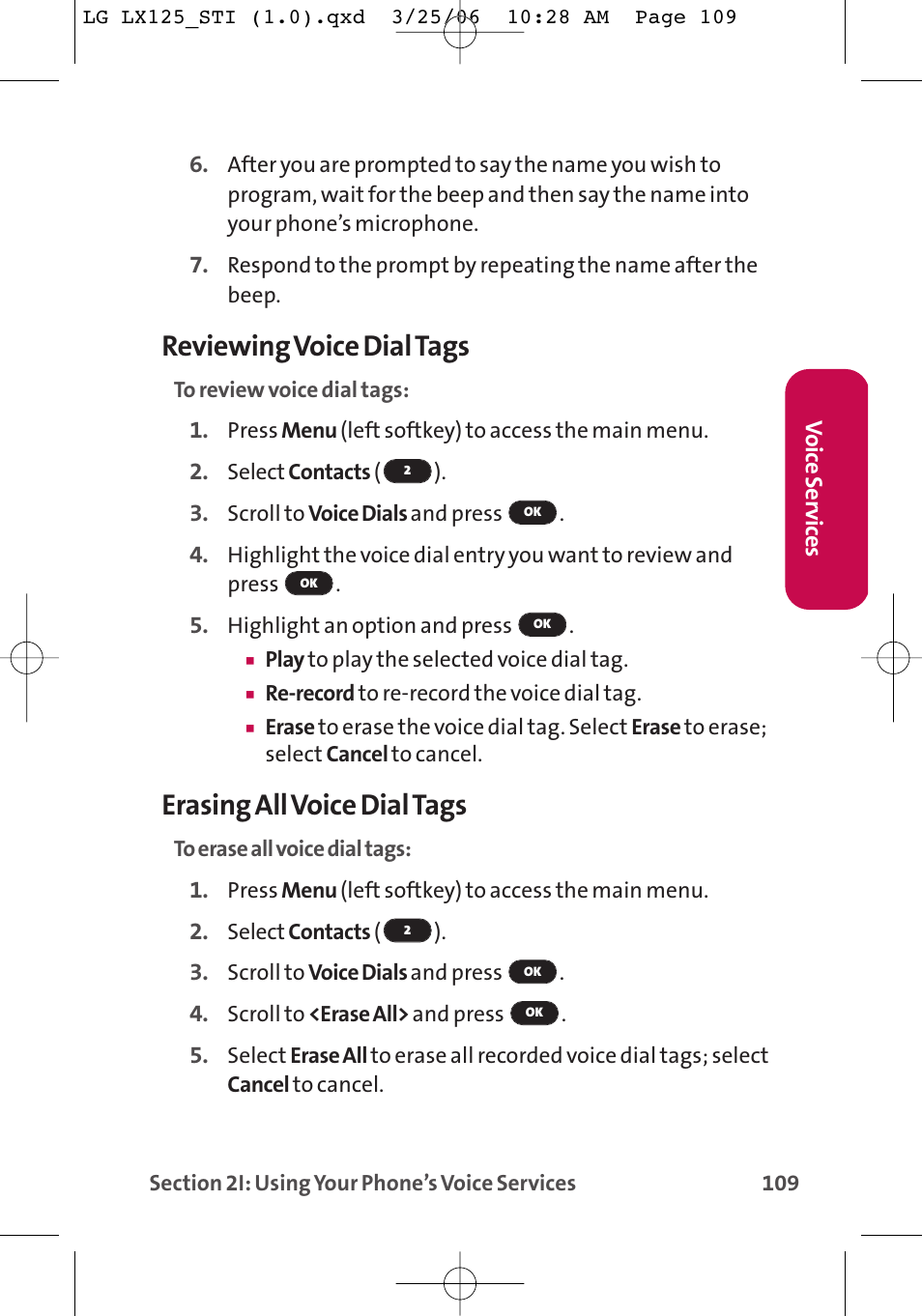 Reviewing voice dial tags, Erasing all voice dial tags | LG LX125 User Manual | Page 117 / 185