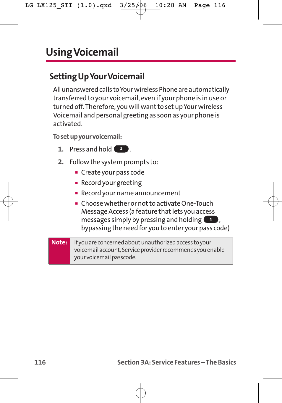 Using voicemail, Setting up your voicemail | LG LX125 User Manual | Page 124 / 185