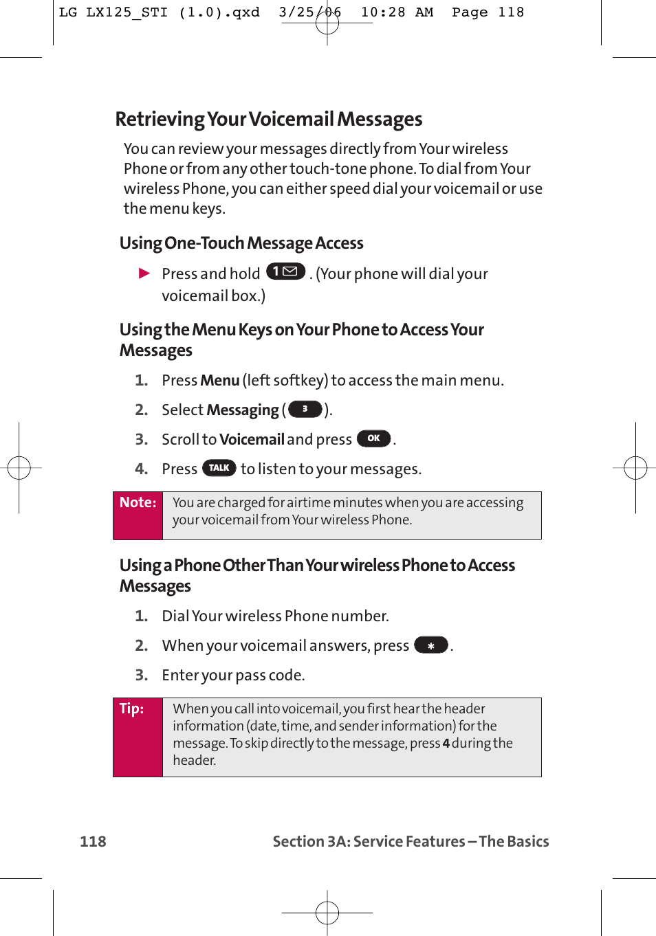 Retrieving your voicemail messages, Using one-touch message access | LG LX125 User Manual | Page 126 / 185