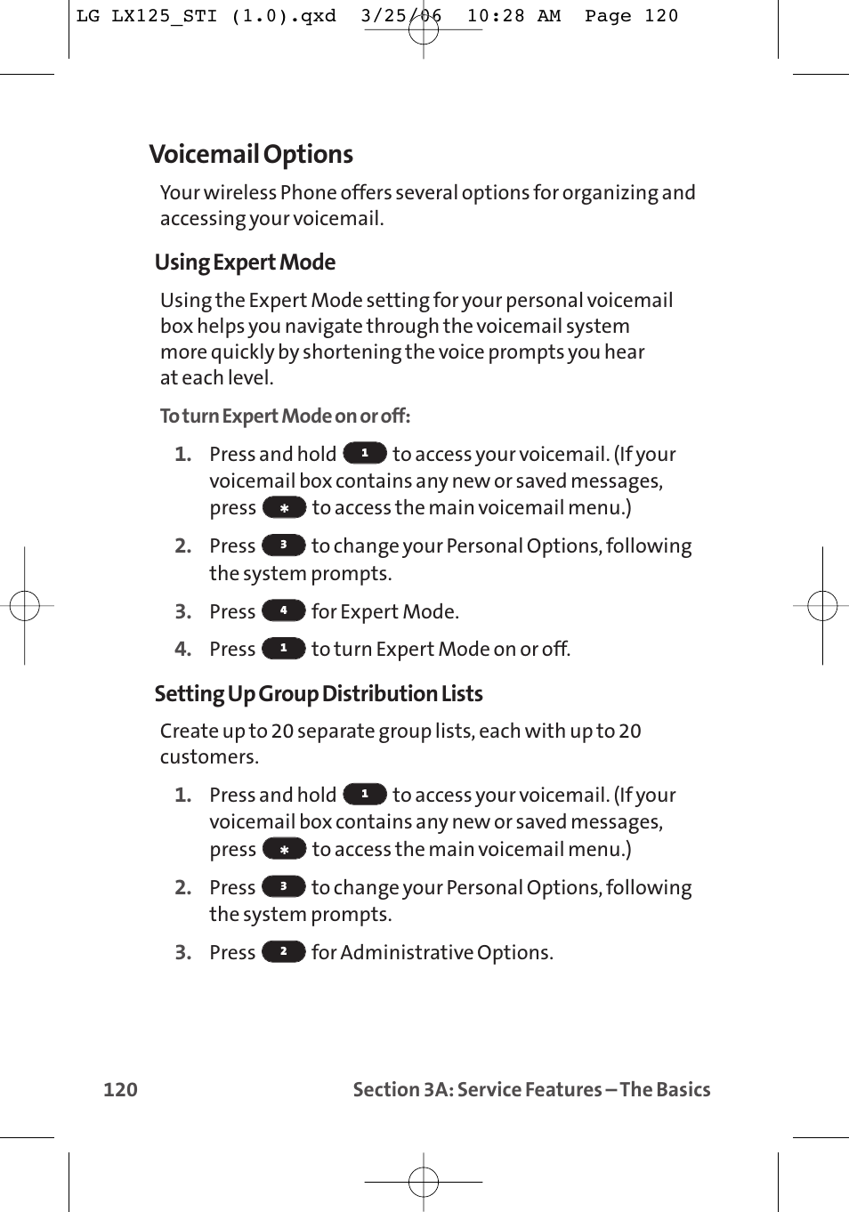 Voicemail options, Using expert mode, Setting up group distribution lists | LG LX125 User Manual | Page 128 / 185