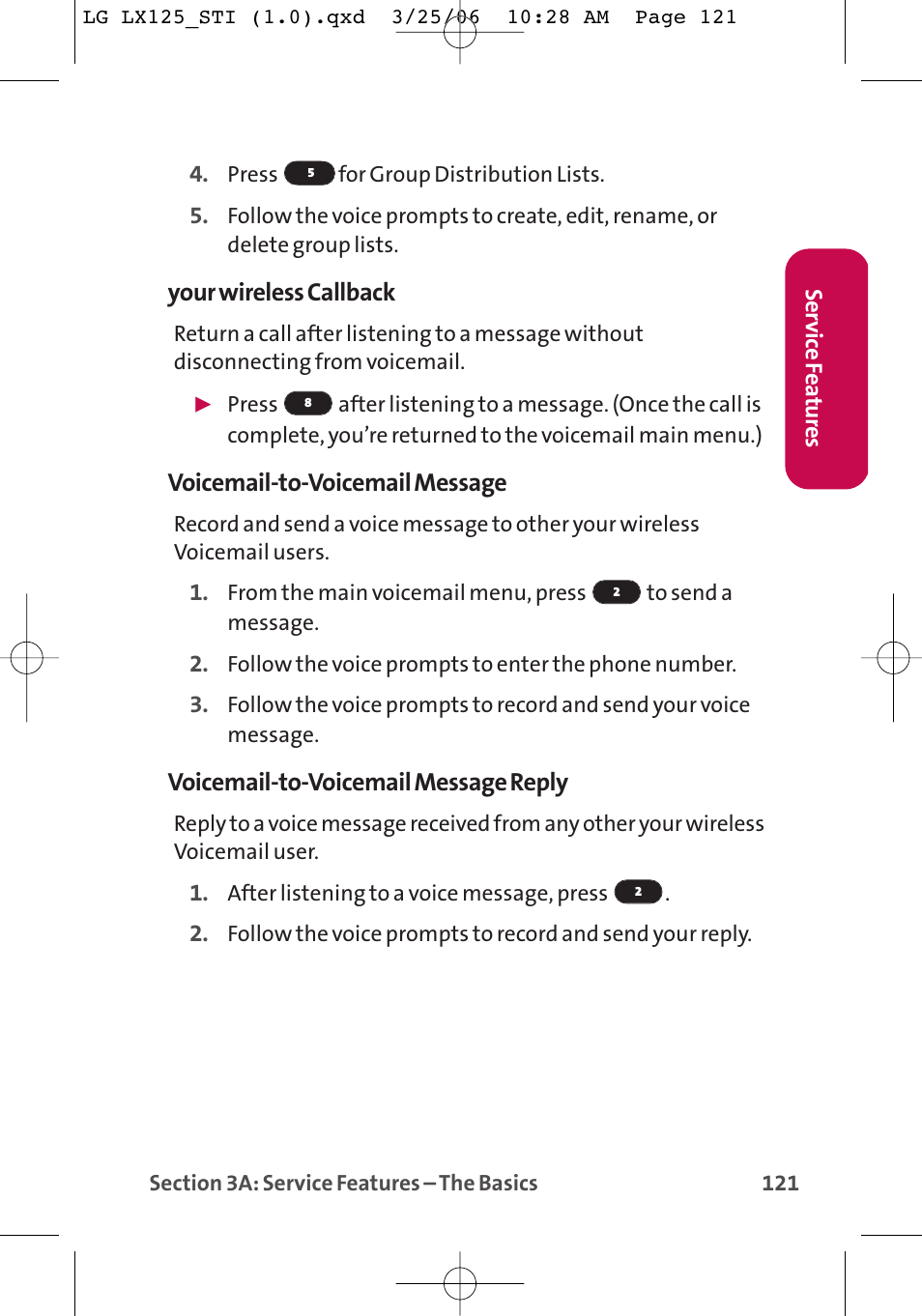 Your wireless callback, Voicemail-to-voicemail message, Voicemail-to-voicemail message reply | LG LX125 User Manual | Page 129 / 185