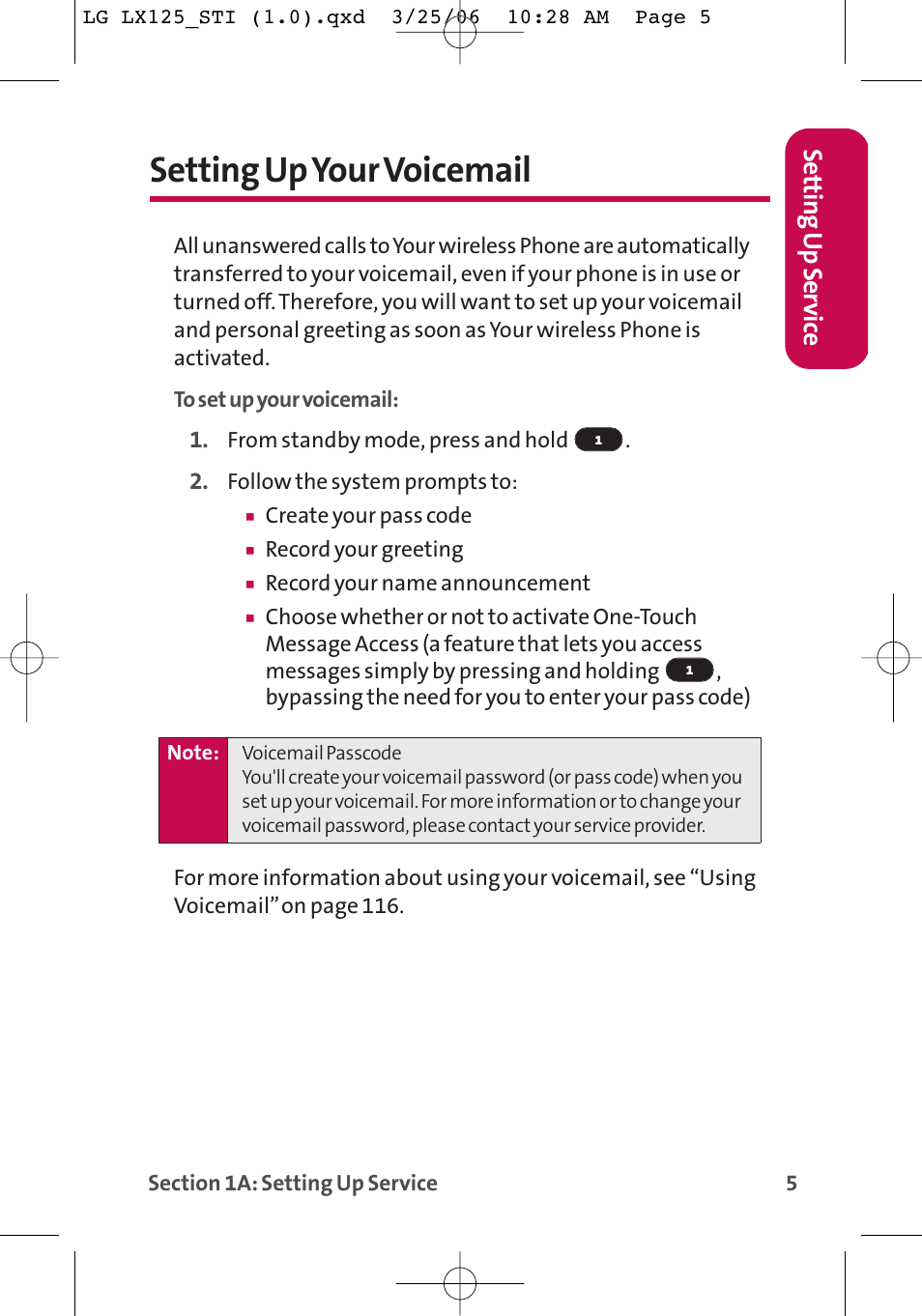 Setting up your voicemail, Setting up ser vice | LG LX125 User Manual | Page 13 / 185