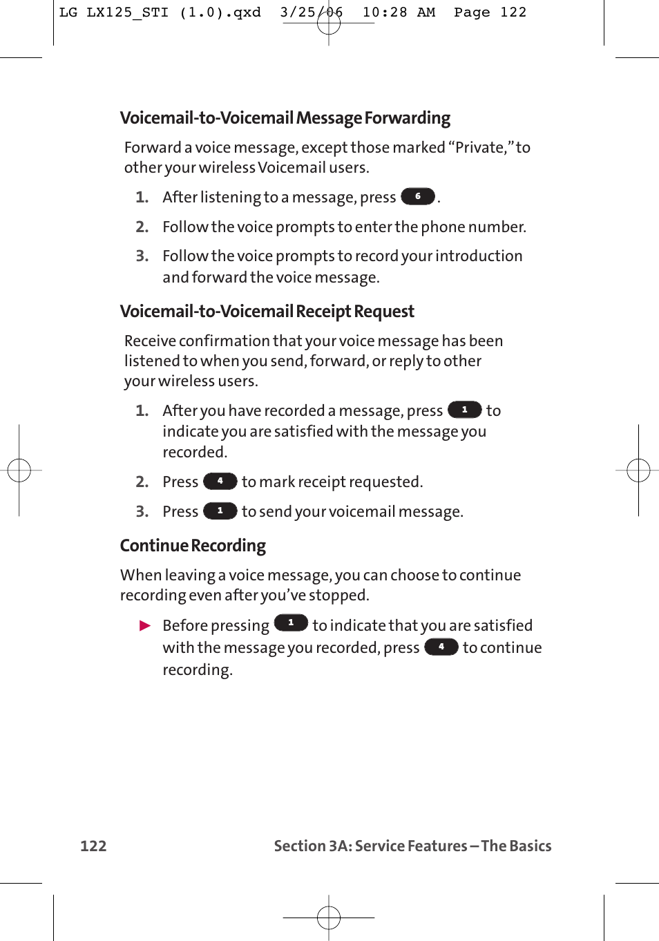 Voicemail-to-voicemail message forwarding, Voicemail-to-voicemail receipt request, Continue recording | LG LX125 User Manual | Page 130 / 185