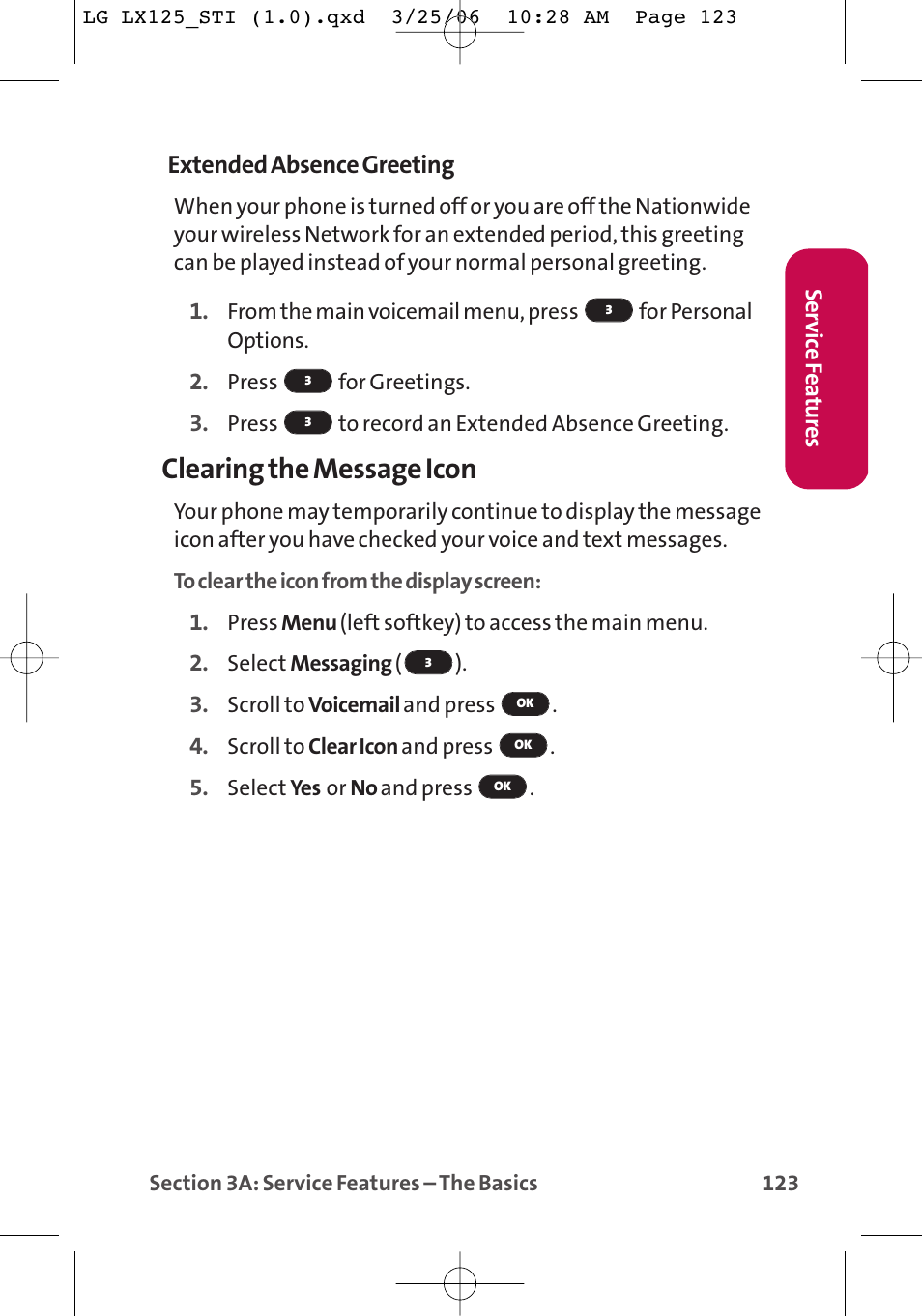 Clearing the message icon, Extended absence greeting | LG LX125 User Manual | Page 131 / 185