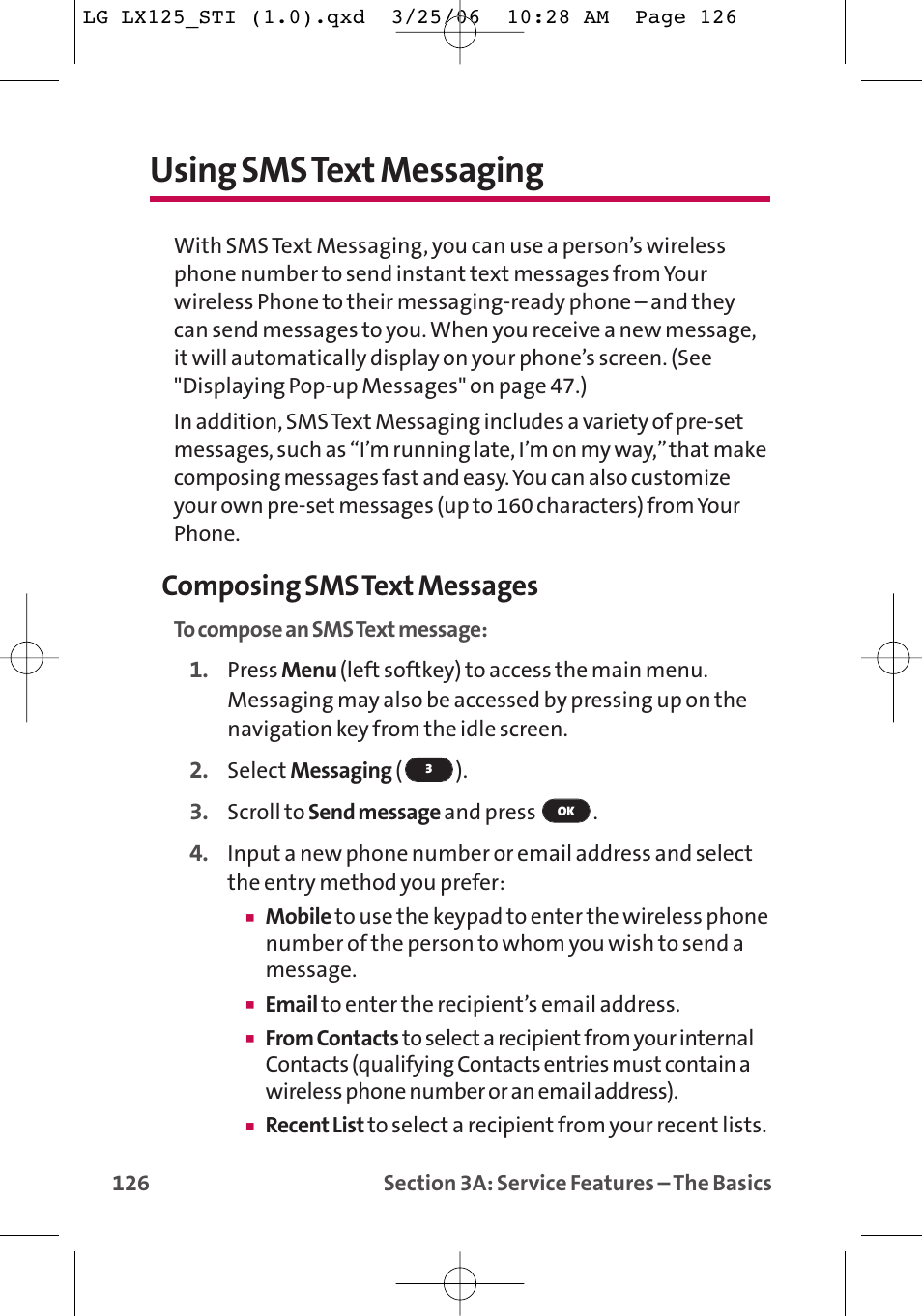 Using sms text messaging, Composing sms text messages | LG LX125 User Manual | Page 134 / 185