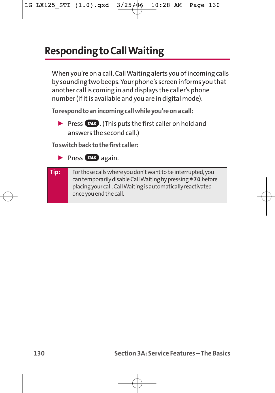 Responding to call waiting | LG LX125 User Manual | Page 138 / 185