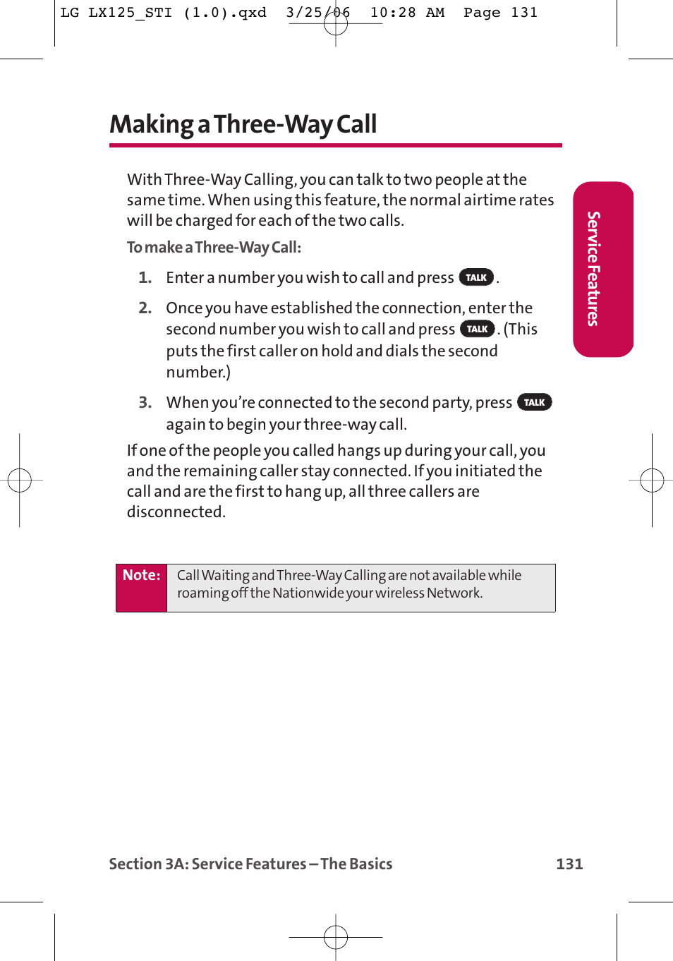 Making a three-way call | LG LX125 User Manual | Page 139 / 185