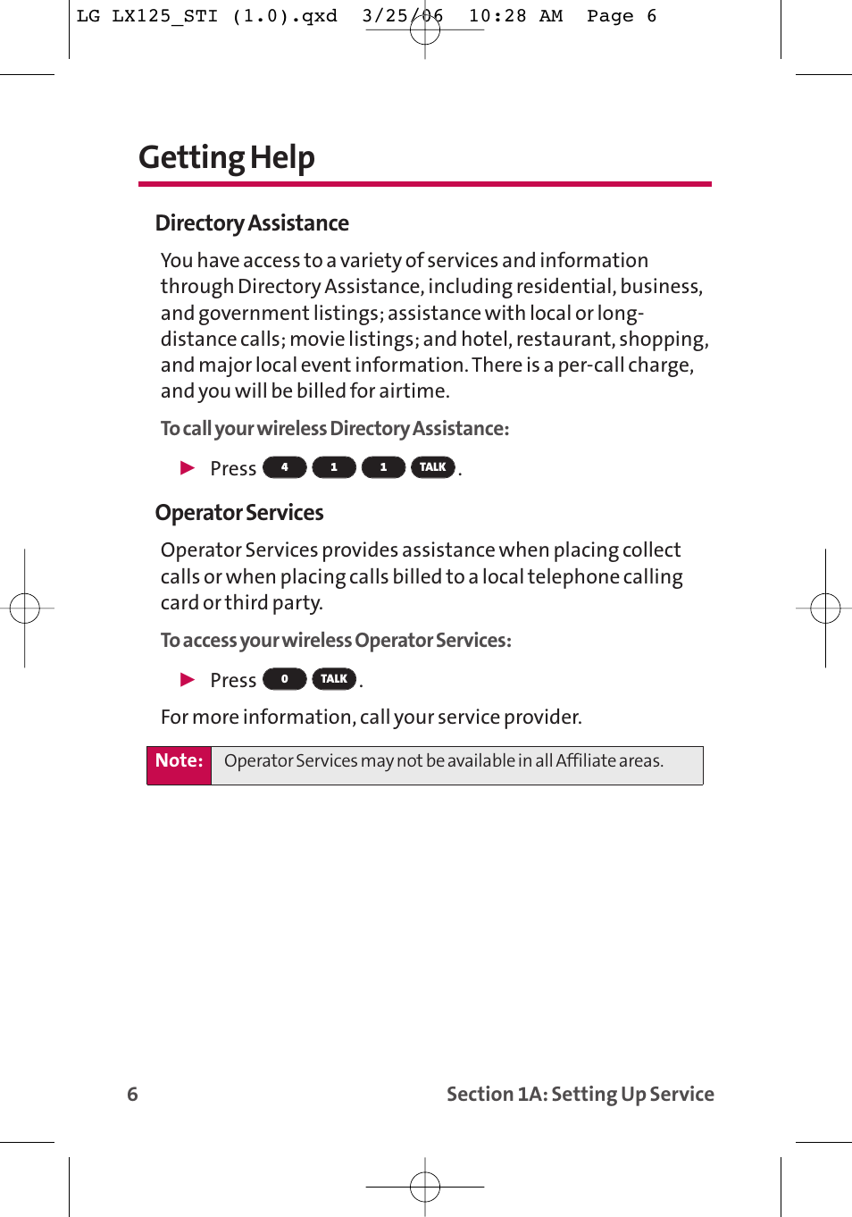 Getting help, Directory assistance, Operator services | LG LX125 User Manual | Page 14 / 185