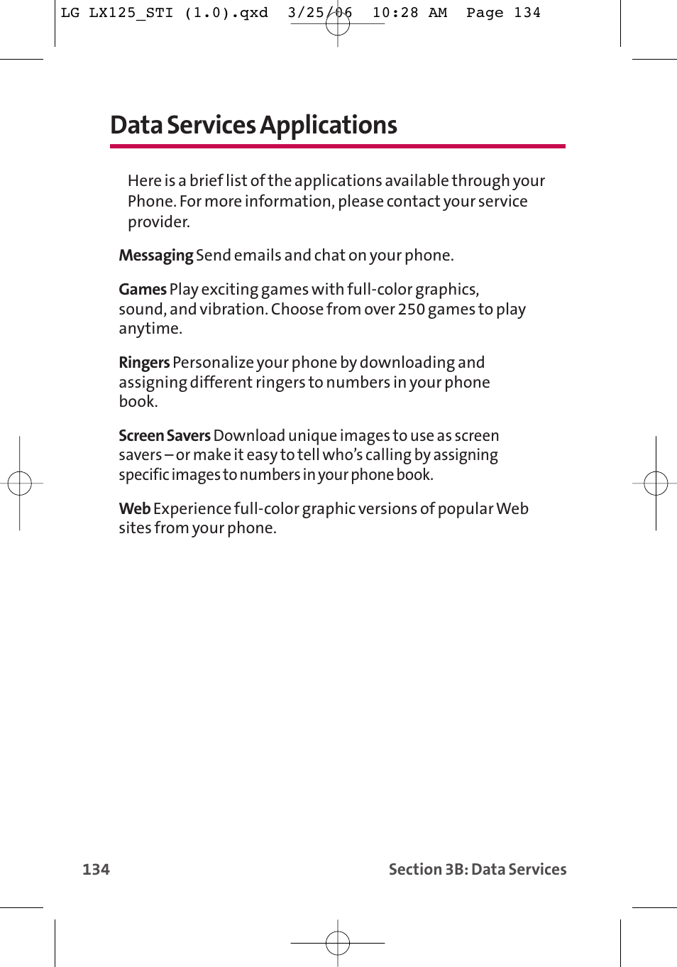 Data services applications | LG LX125 User Manual | Page 142 / 185