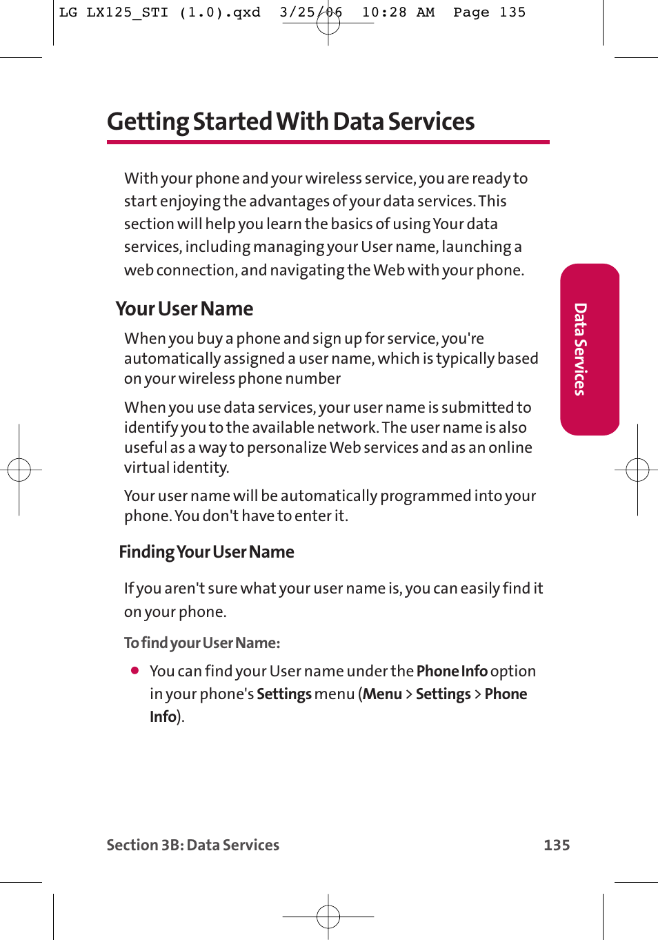 Getting started with data services, Your user name | LG LX125 User Manual | Page 143 / 185