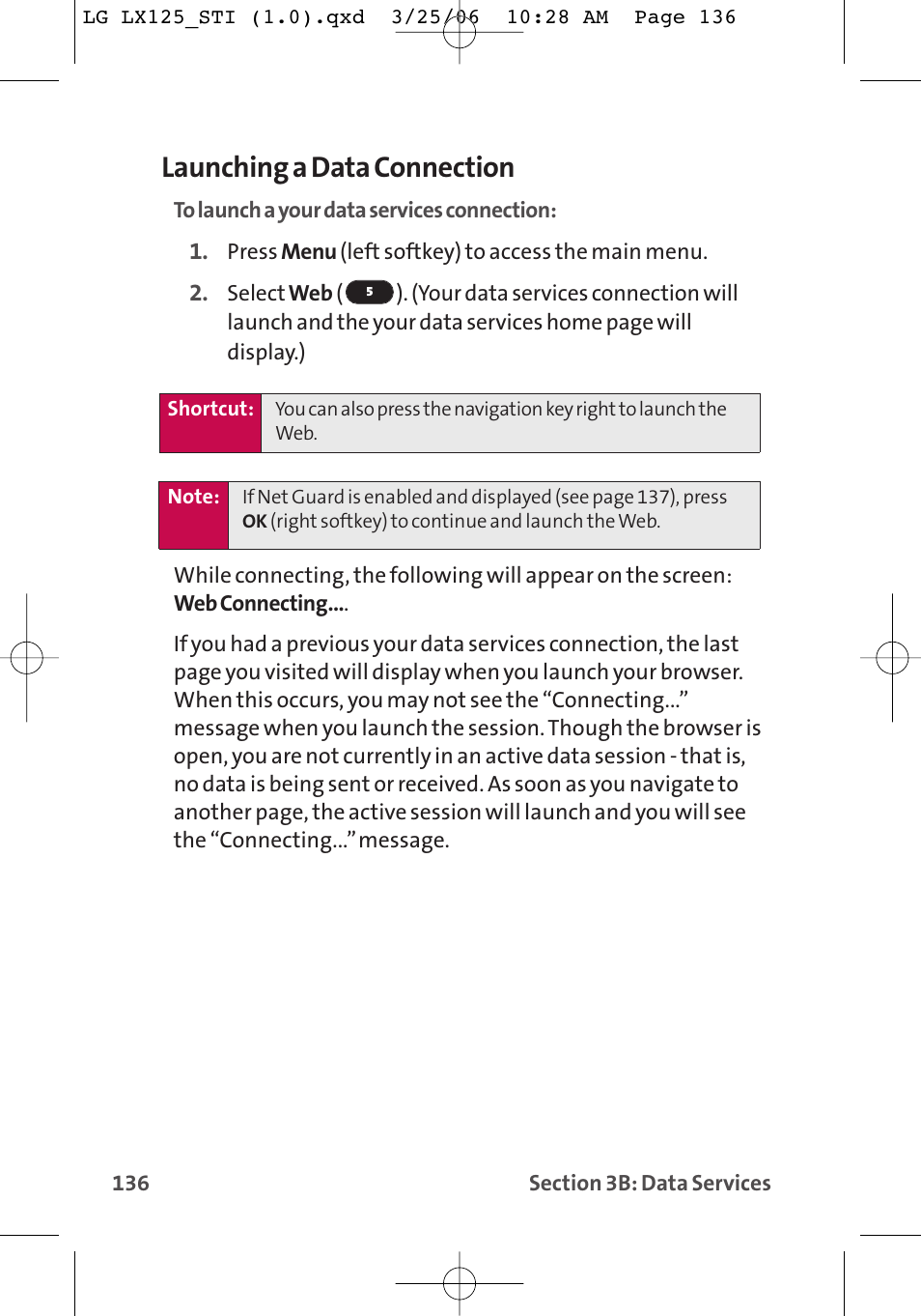 Launching a data connection | LG LX125 User Manual | Page 144 / 185