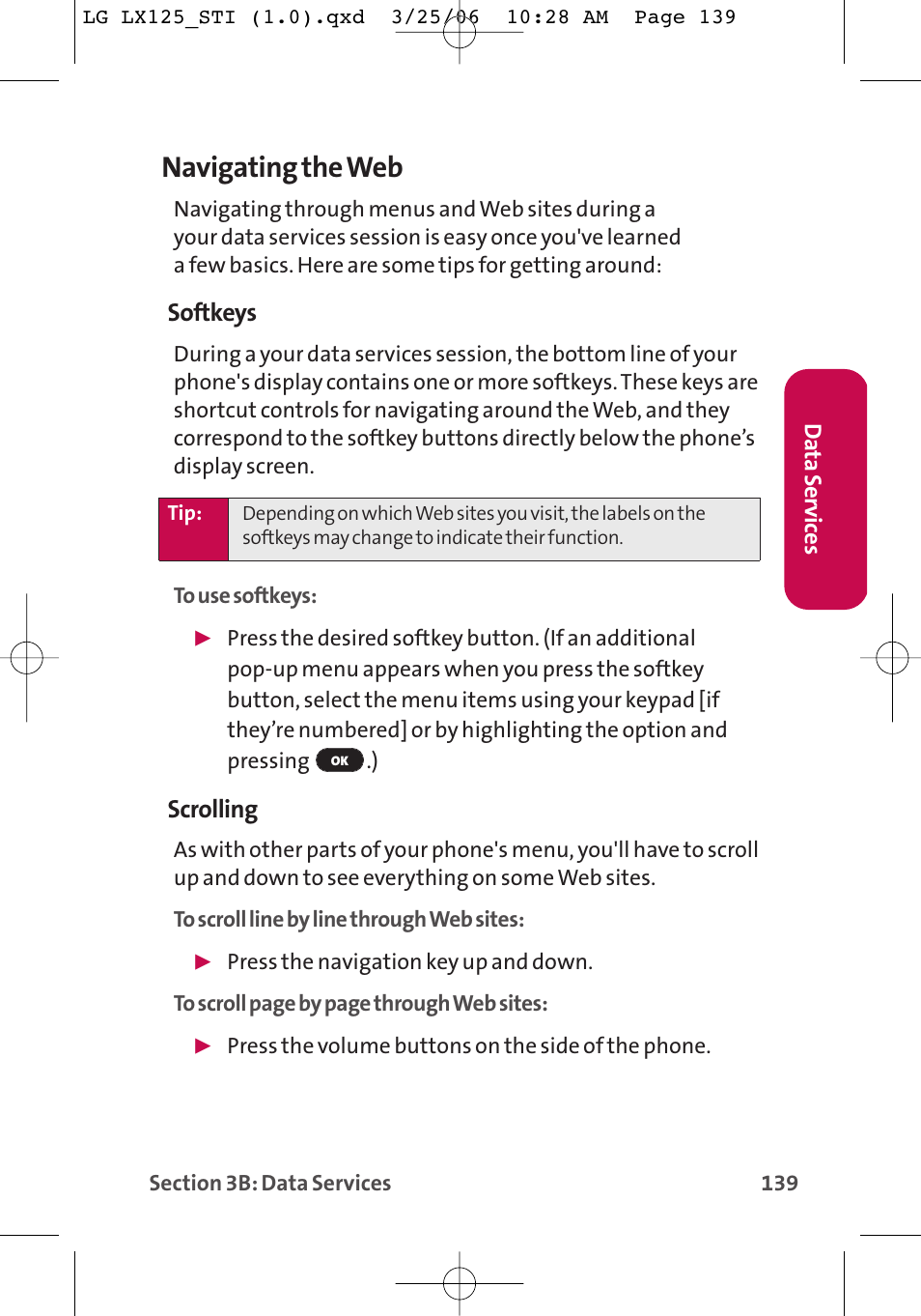 Navigating the web, Softkeys, Scrolling | LG LX125 User Manual | Page 147 / 185