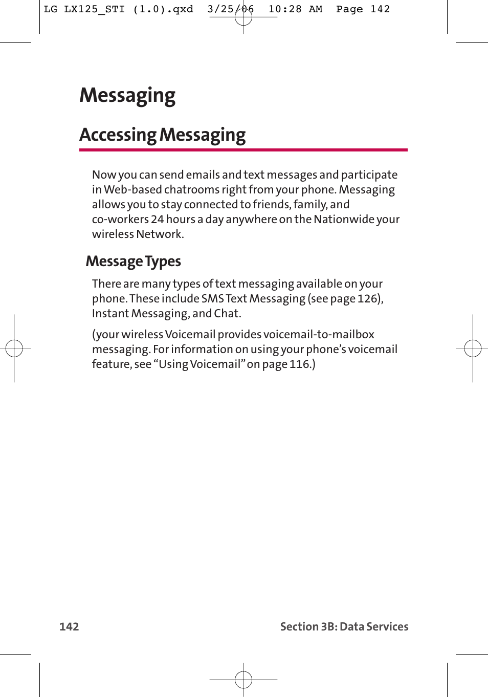 Messaging, Accessing messaging | LG LX125 User Manual | Page 150 / 185