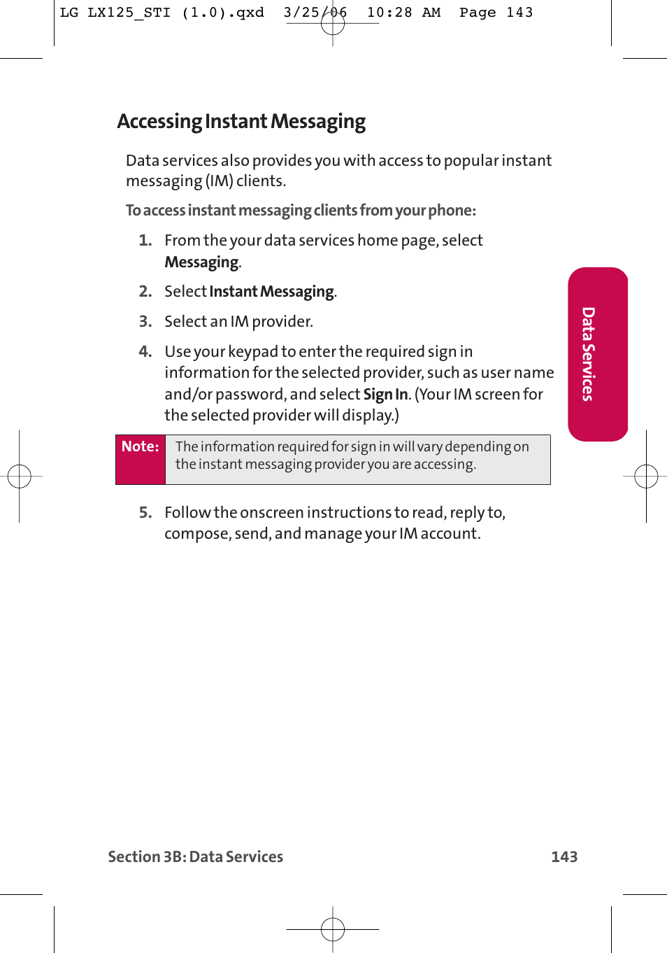 Accessing instant messaging | LG LX125 User Manual | Page 151 / 185