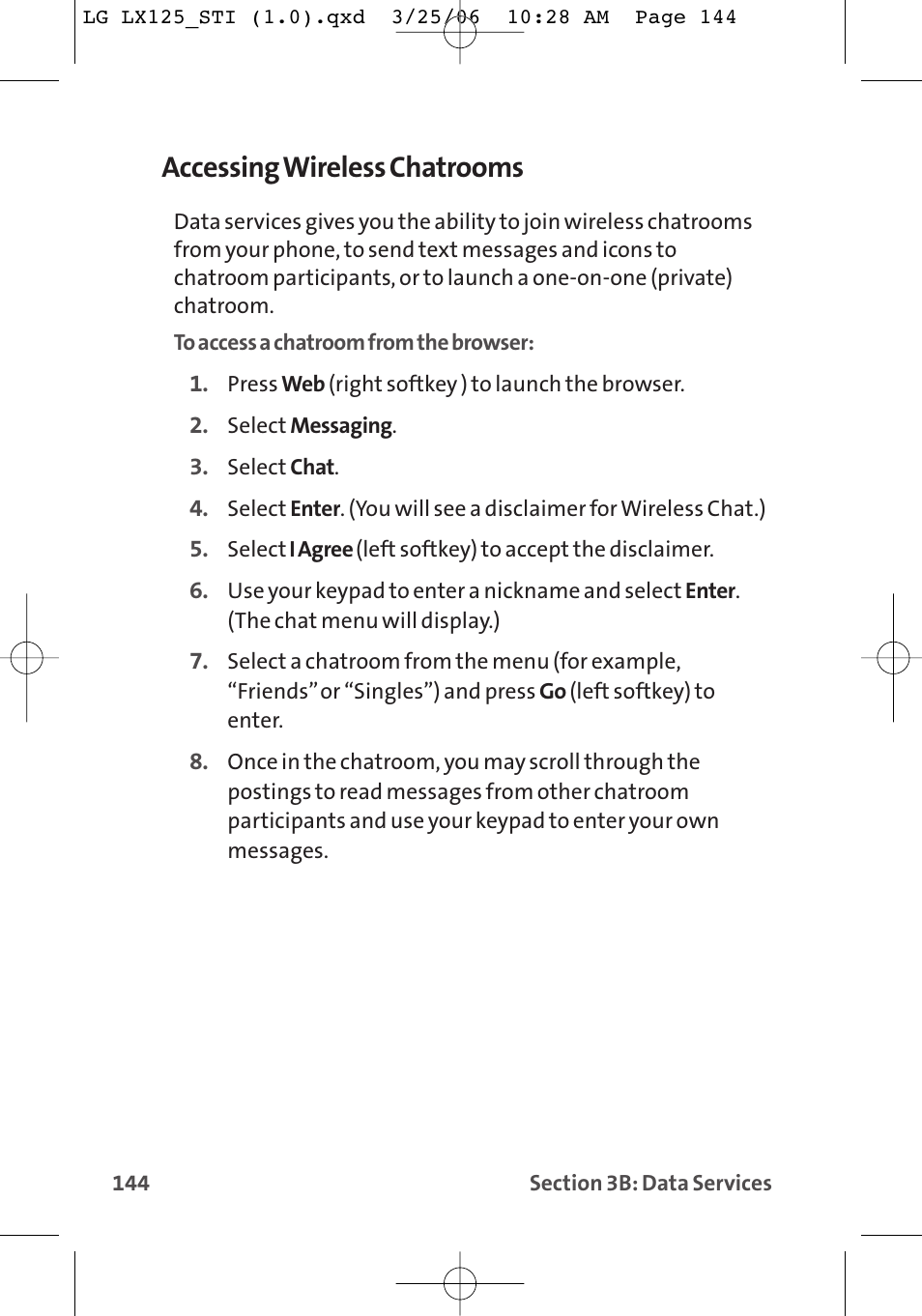 Accessing wireless chatrooms | LG LX125 User Manual | Page 152 / 185