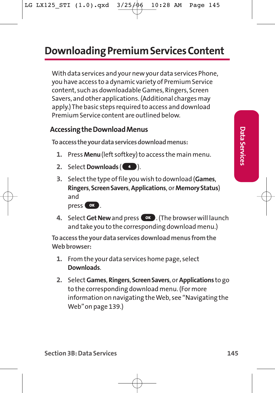Downloading premium services content | LG LX125 User Manual | Page 153 / 185