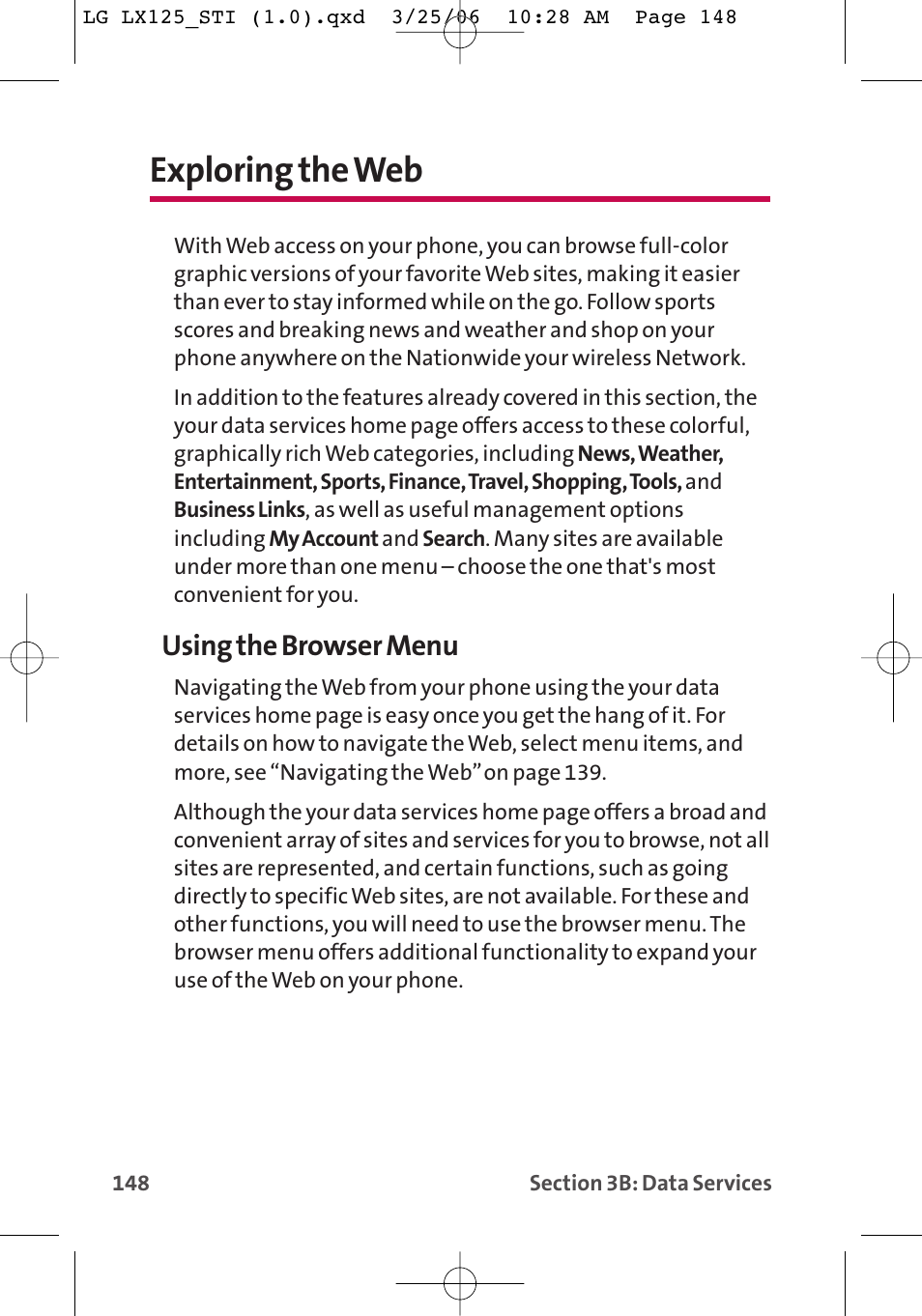 Exploring the web, Using the browser menu | LG LX125 User Manual | Page 156 / 185