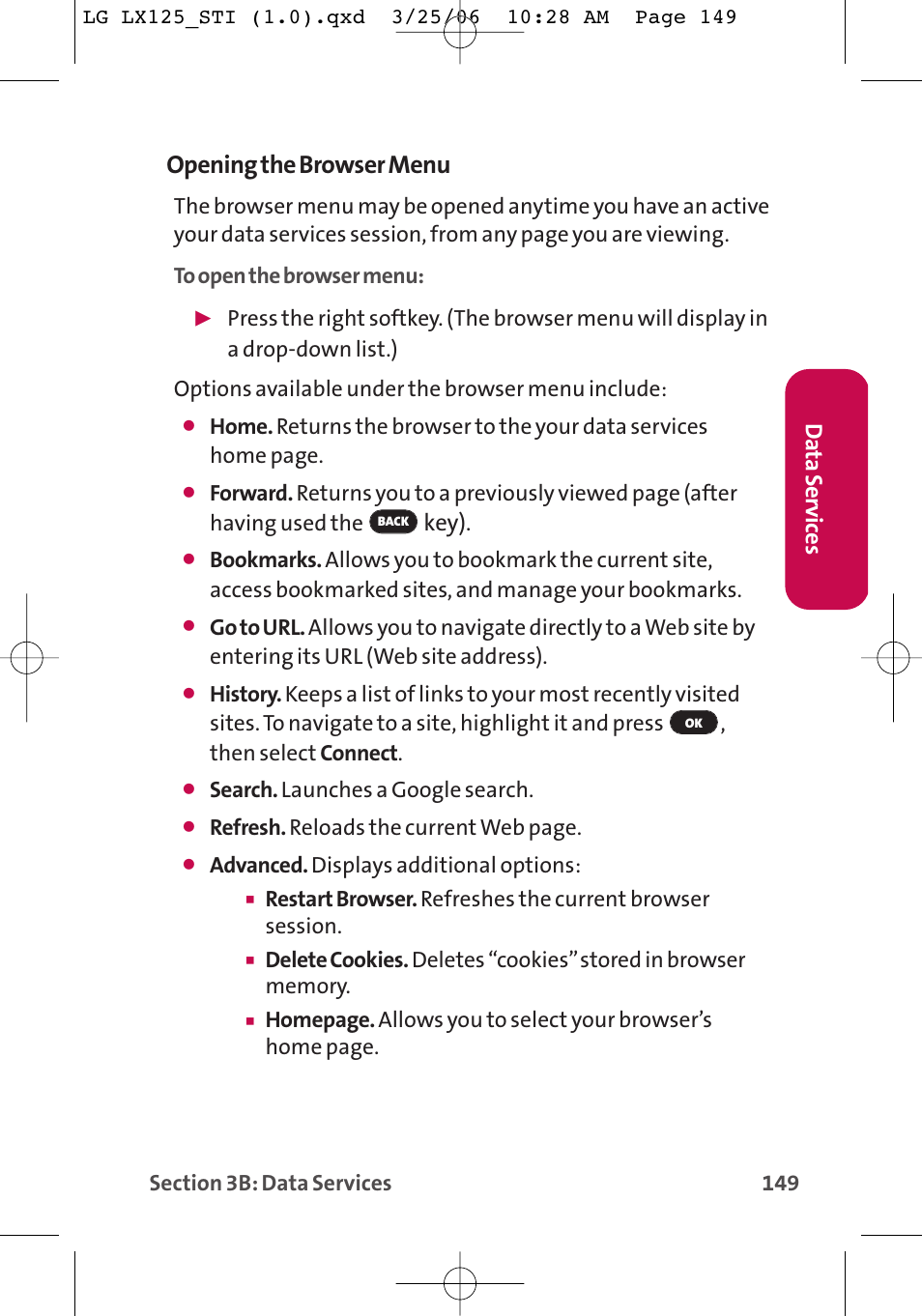 Opening the browser menu, Key), Da ta ser vices | LG LX125 User Manual | Page 157 / 185