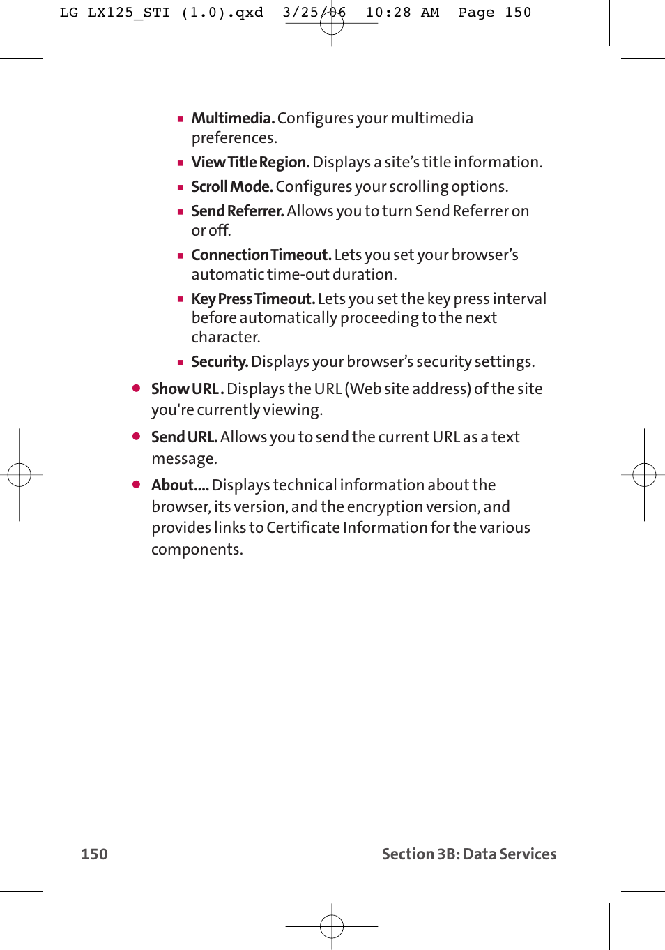 Multimedia. configures your multimedia preferences, Scroll mode. configures your scrolling options | LG LX125 User Manual | Page 158 / 185