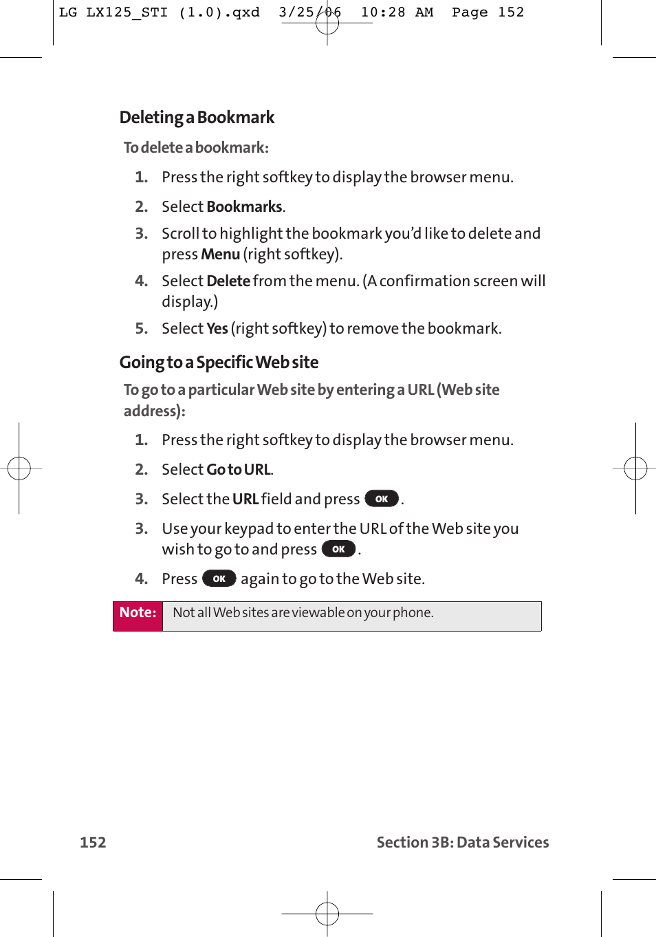 Deleting a bookmark, Going to a specific web site | LG LX125 User Manual | Page 160 / 185