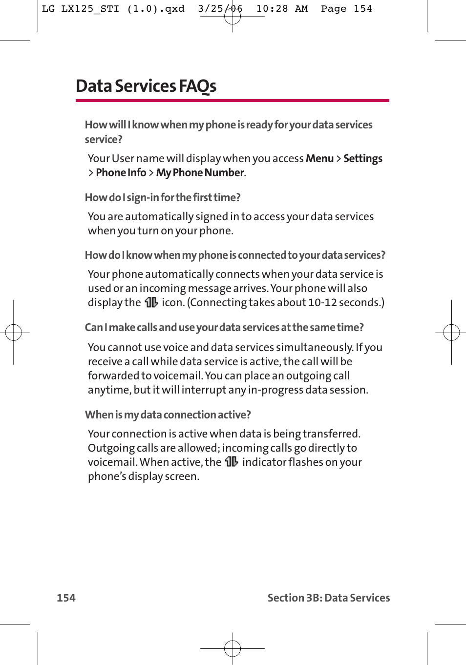 Data services faqs | LG LX125 User Manual | Page 162 / 185