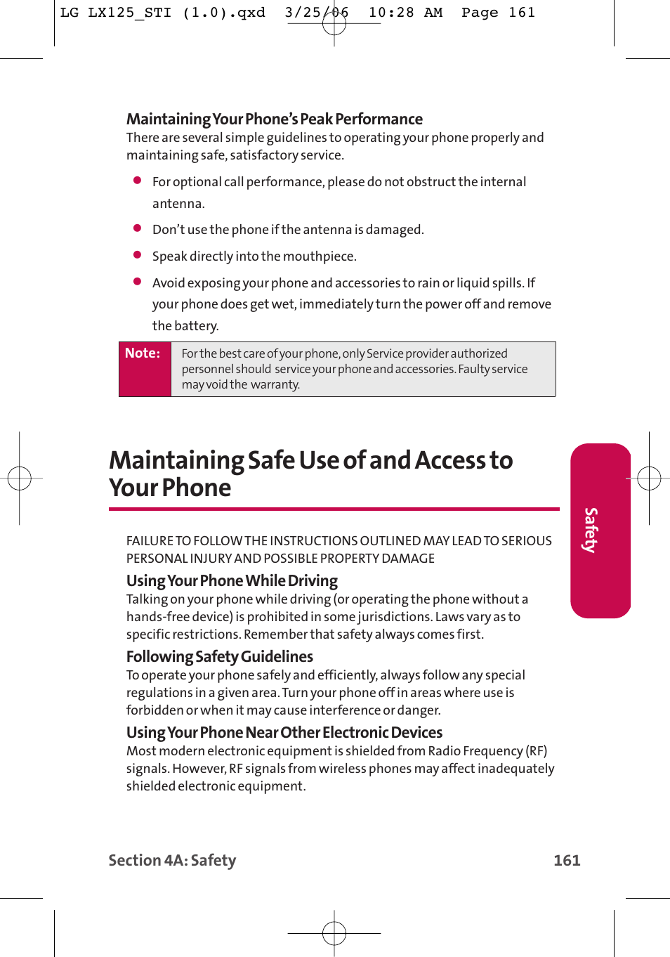 Maintaining safe use of and access to your phone, Saf ety | LG LX125 User Manual | Page 169 / 185