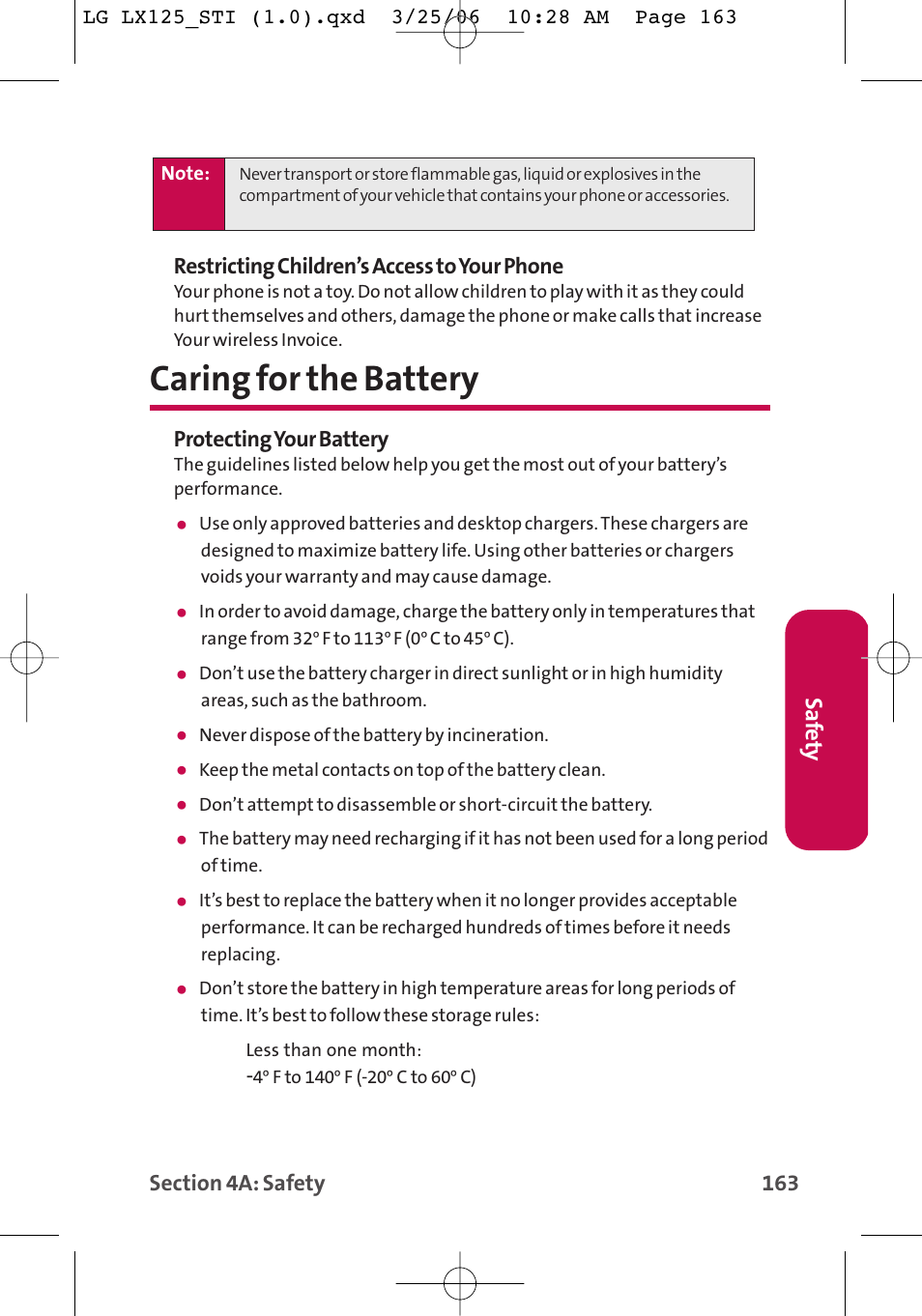 Caring for the battery, Saf ety, Protecting your battery | LG LX125 User Manual | Page 171 / 185