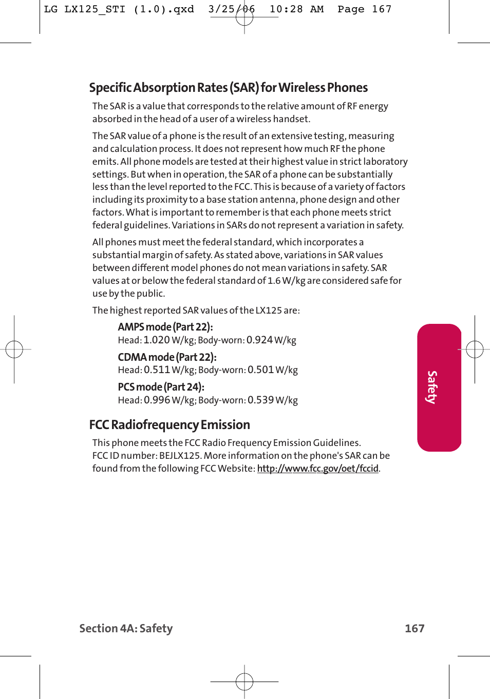 Fcc radiofrequency emission | LG LX125 User Manual | Page 175 / 185