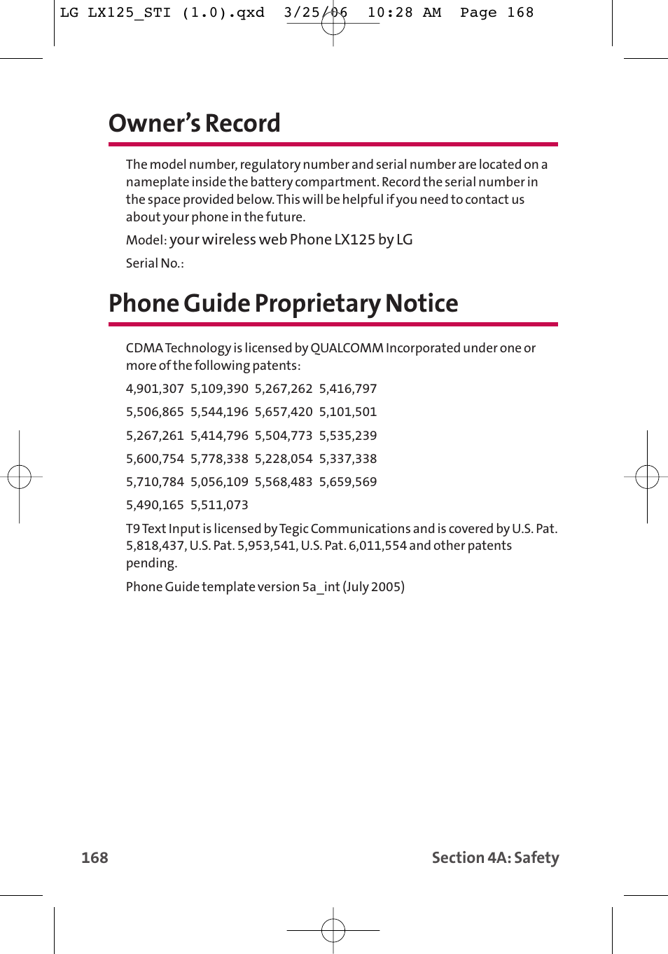Owner’s record, Phone guide proprietary notice | LG LX125 User Manual | Page 176 / 185