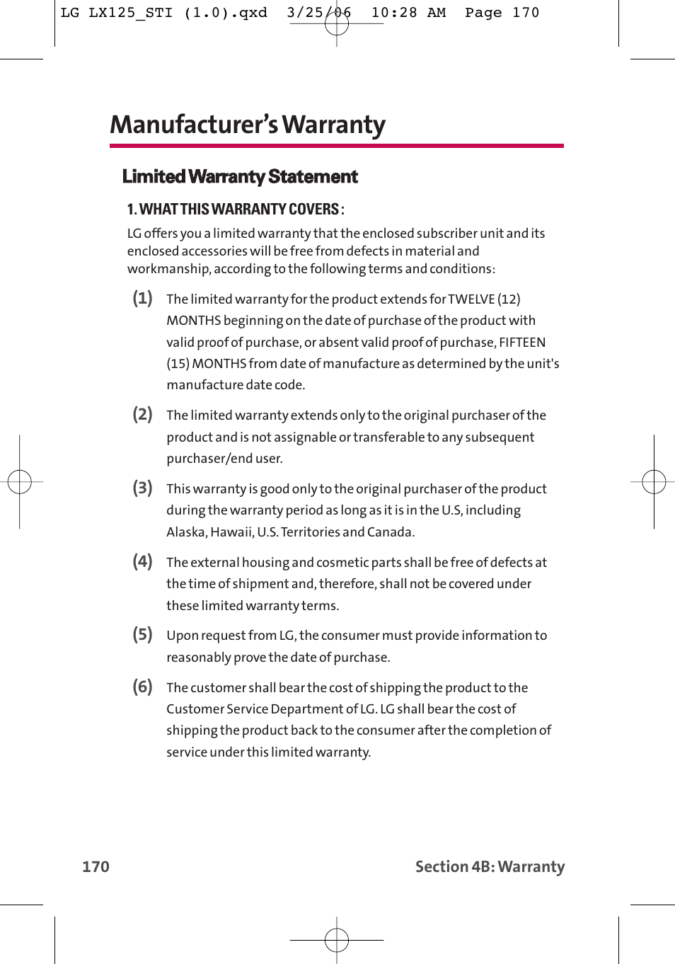 Manufacturer’s warranty | LG LX125 User Manual | Page 178 / 185