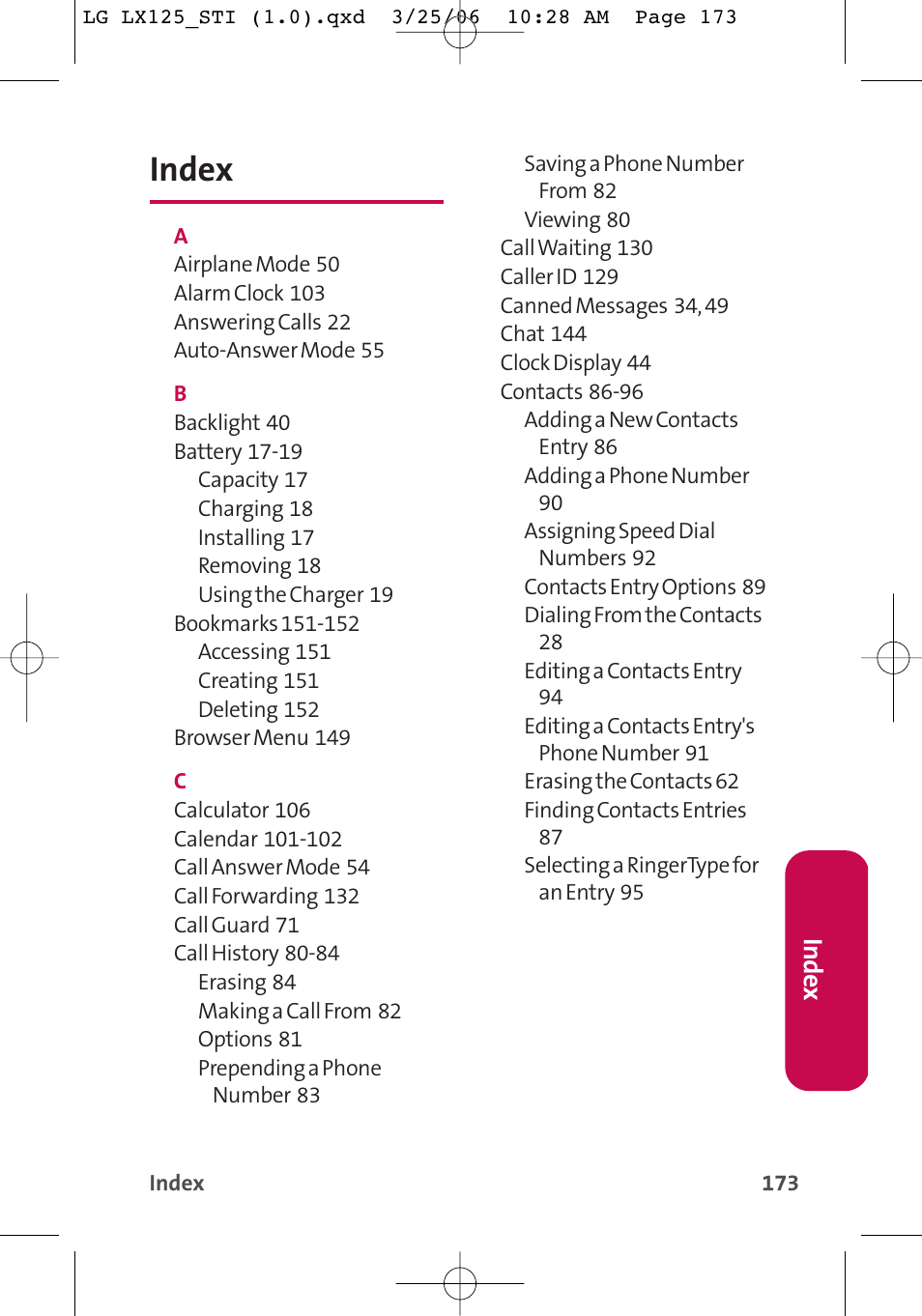 Index, Inde x | LG LX125 User Manual | Page 181 / 185