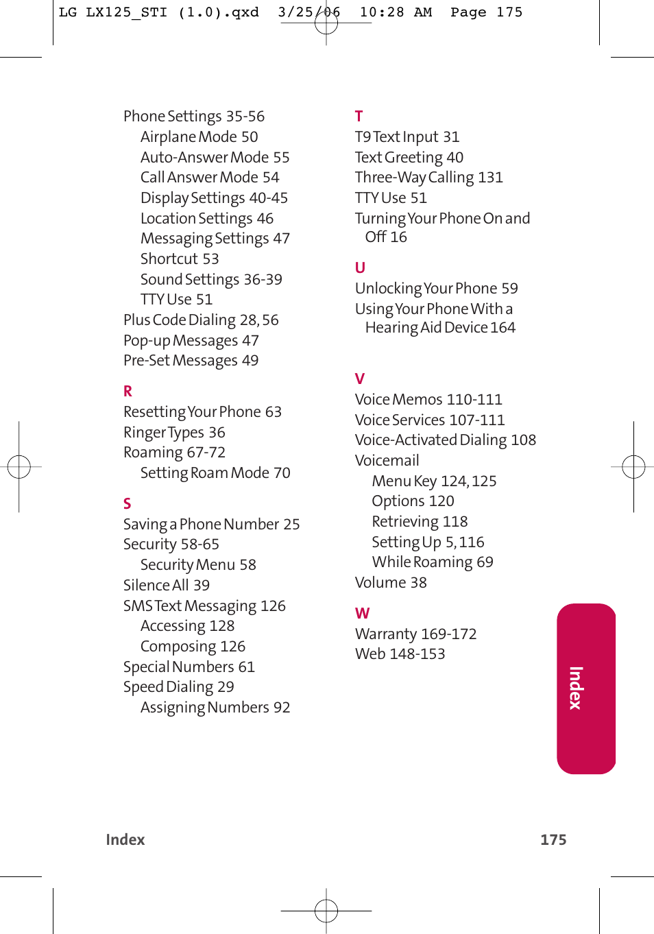 Inde x | LG LX125 User Manual | Page 183 / 185