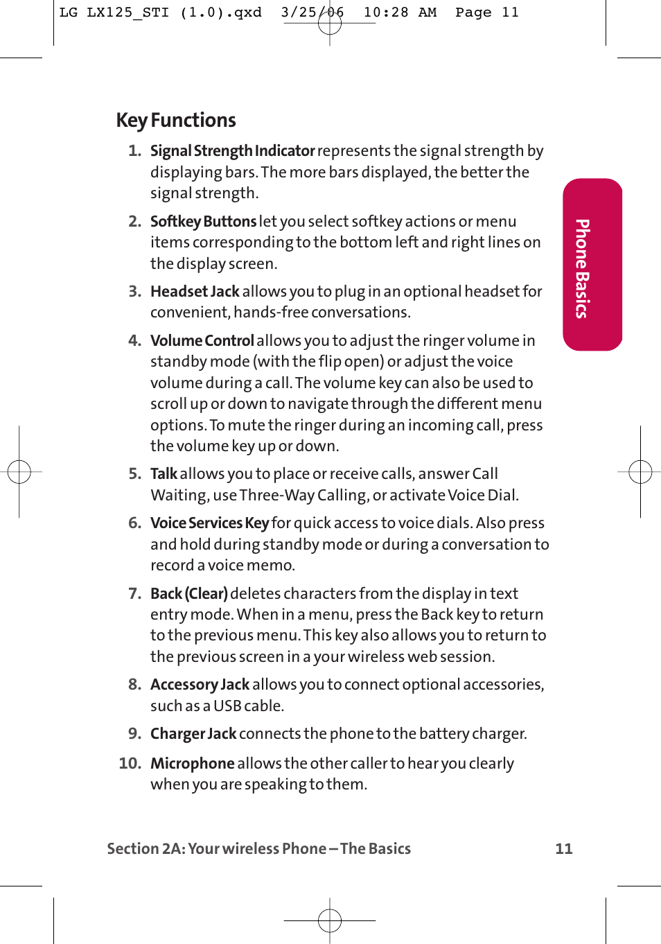 Key functions | LG LX125 User Manual | Page 19 / 185