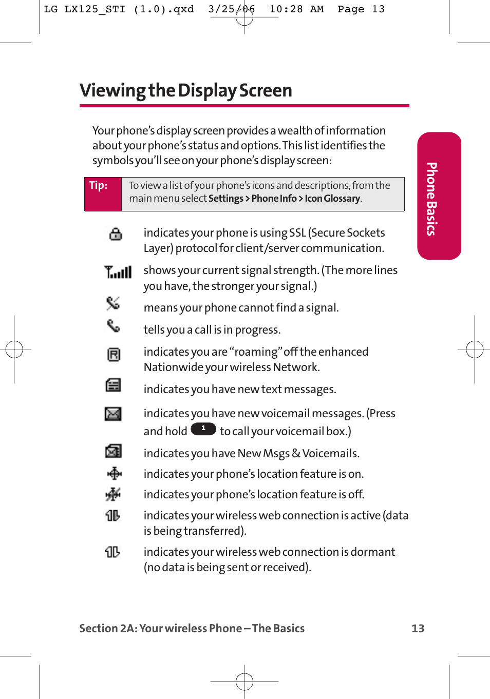 Viewing the display screen, Phone basics | LG LX125 User Manual | Page 21 / 185