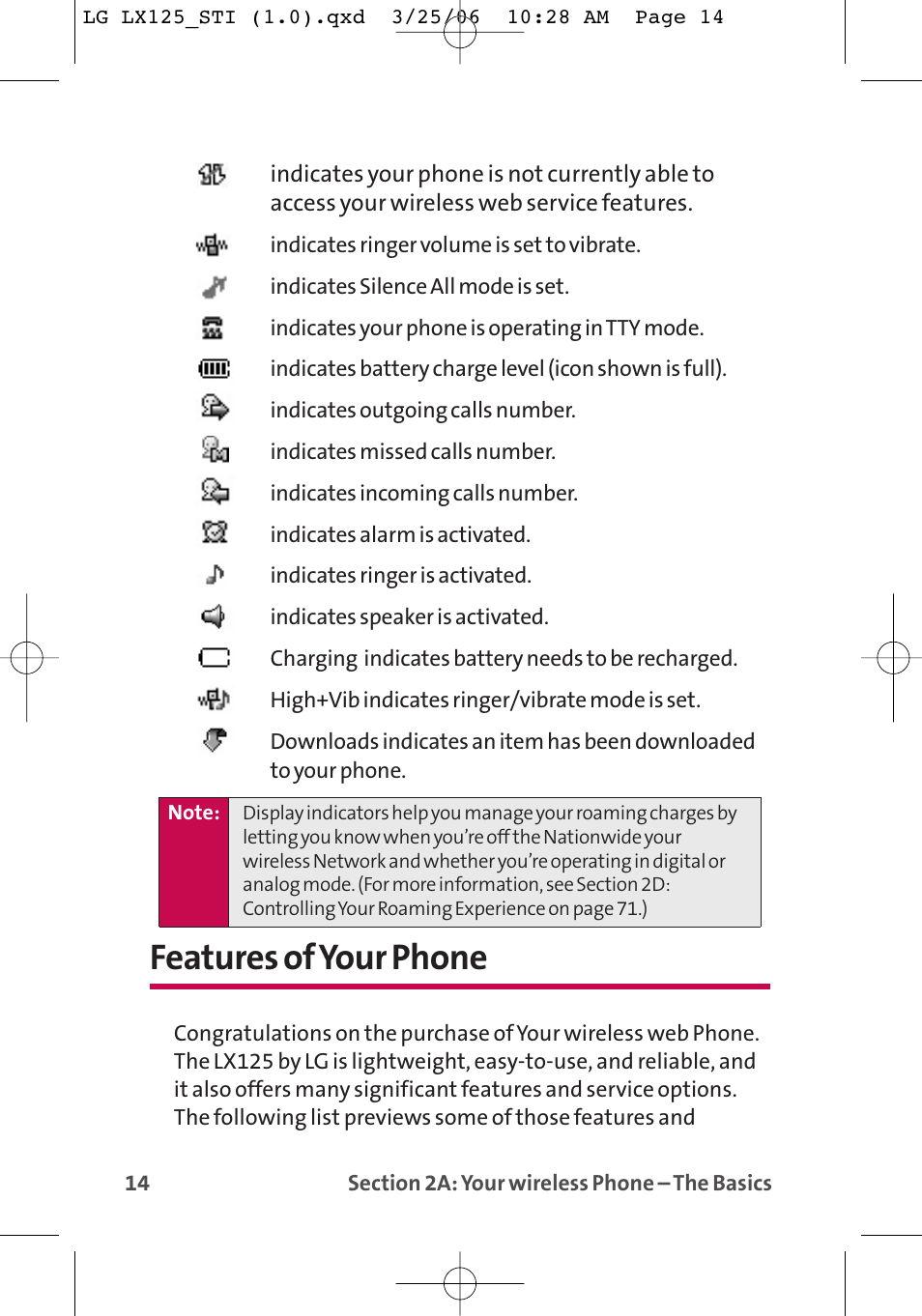Features of your phone | LG LX125 User Manual | Page 22 / 185