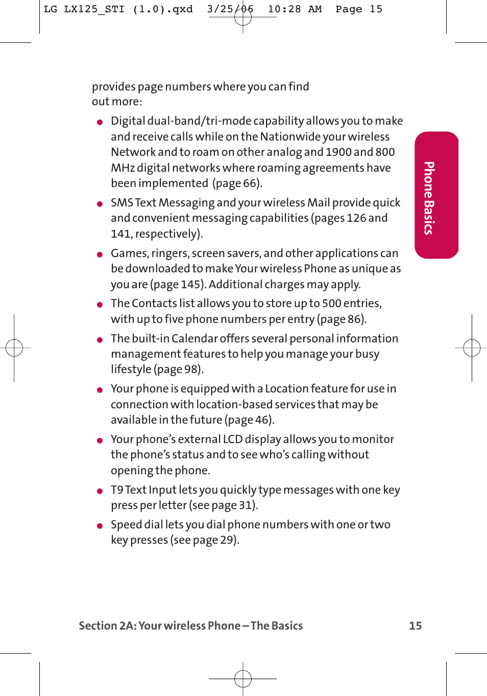 Phone basics | LG LX125 User Manual | Page 23 / 185