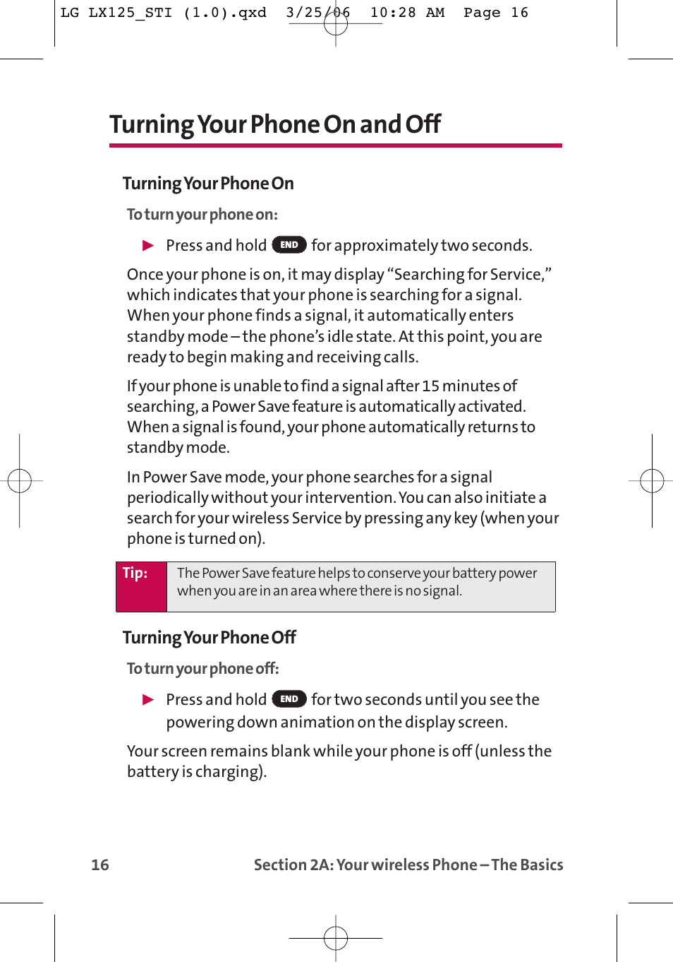 Turning your phone on and off, Turning your phone on, Turning your phone off | LG LX125 User Manual | Page 24 / 185