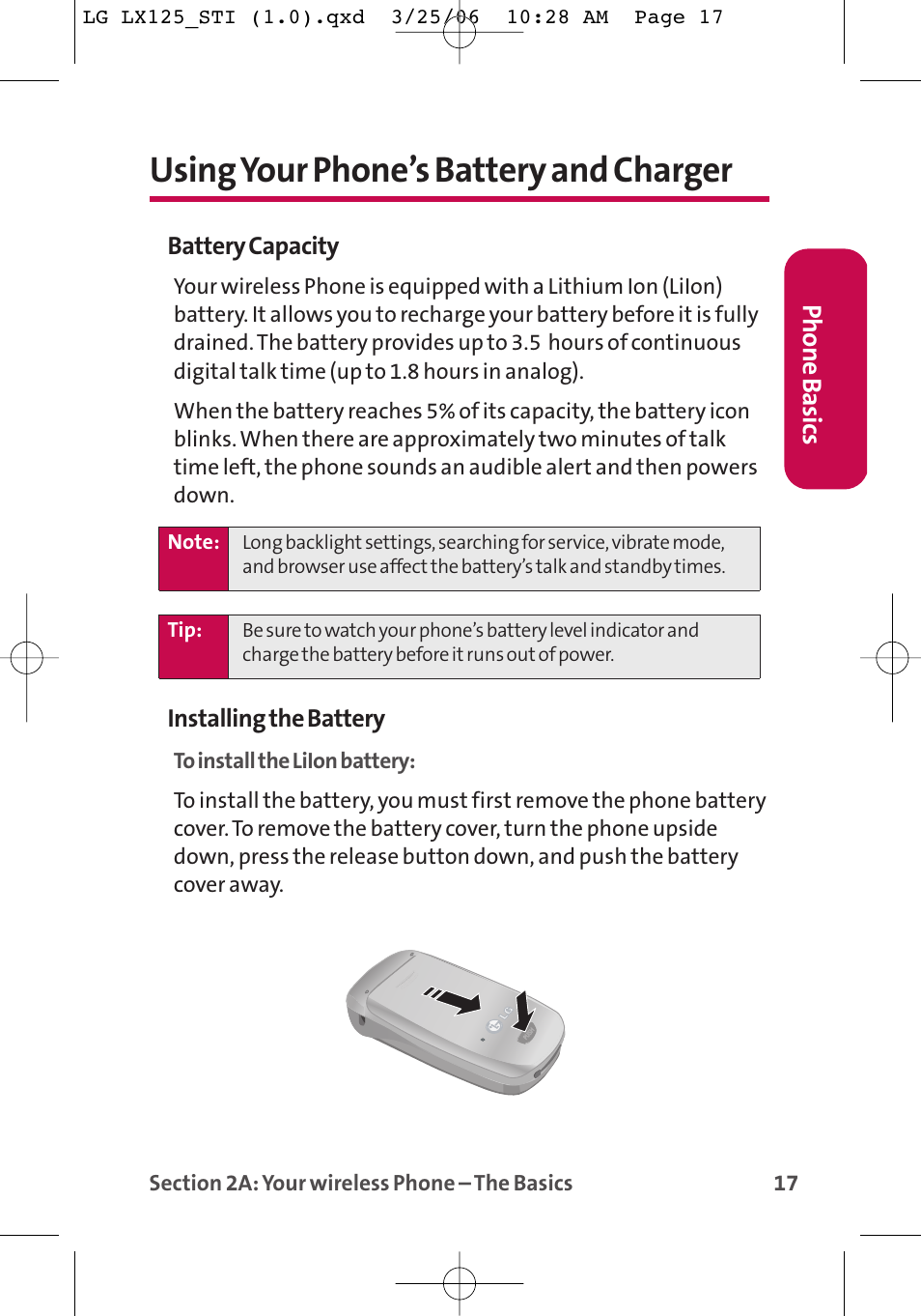 Using your phone’s battery and charger | LG LX125 User Manual | Page 25 / 185