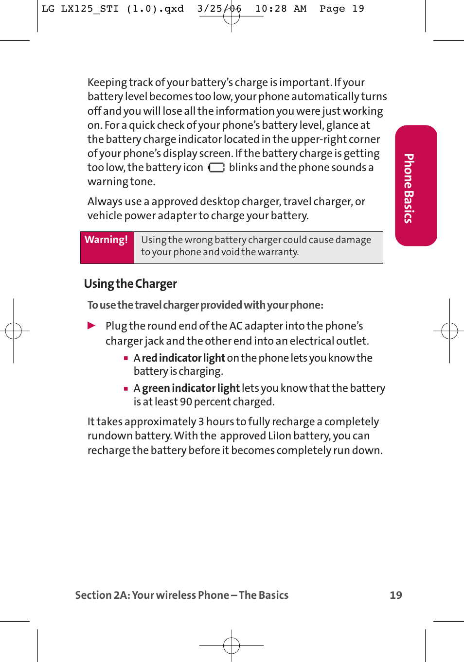 Phone basics, Using the charger | LG LX125 User Manual | Page 27 / 185